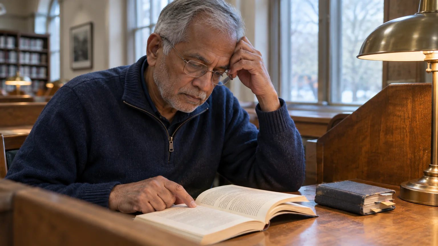 A senior man with glasses reads an open book at a wooden library desk beneath a warm brass lamp.