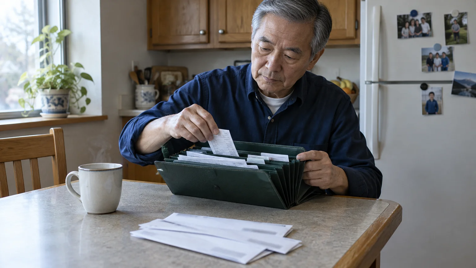 An older Asian man organizes paper receipts into a green expanding file folder at a kitchen table.