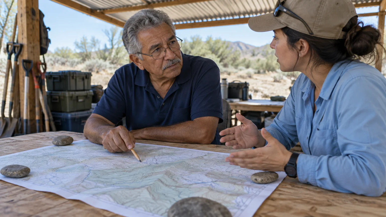 An older man and a woman examine a topographical map spread across a wooden table under an open-air shelter.