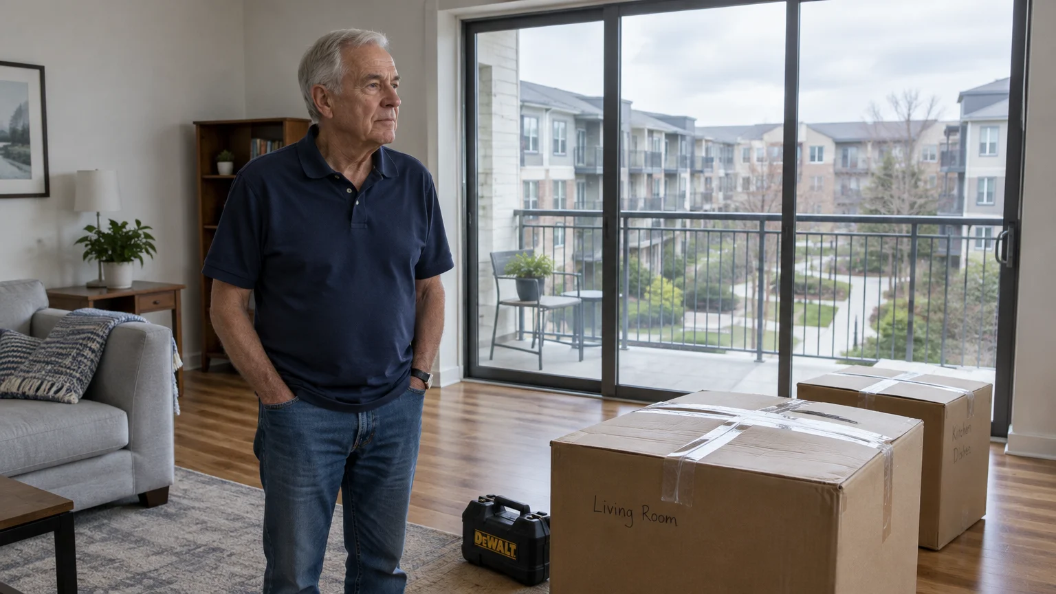 Older man standing beside taped moving boxes and a toolbox in a modern apartment overlooking an outdoor courtyard.