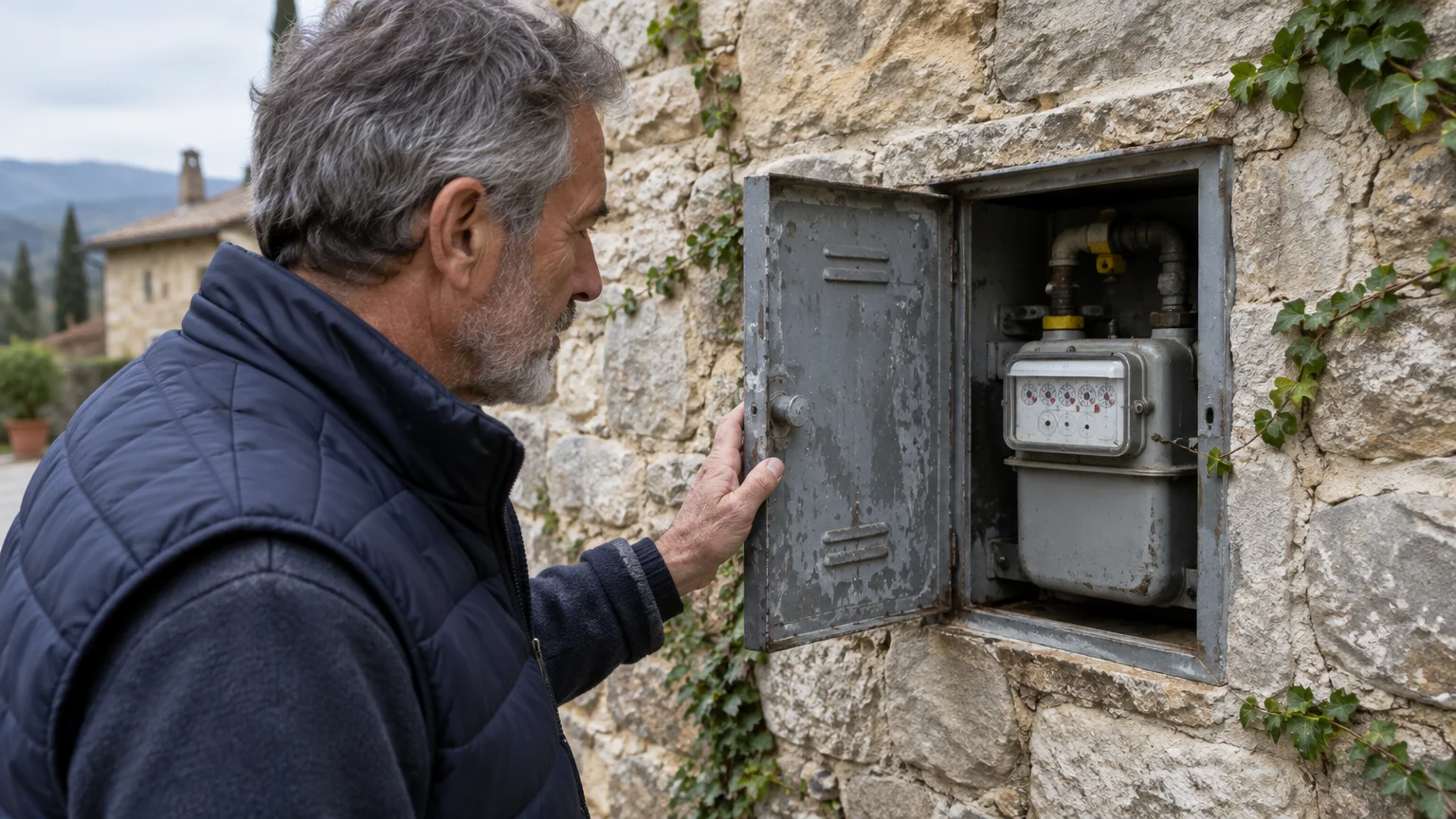 A man opening a metal utility box mounted on an exterior stone wall to inspect a gas meter.