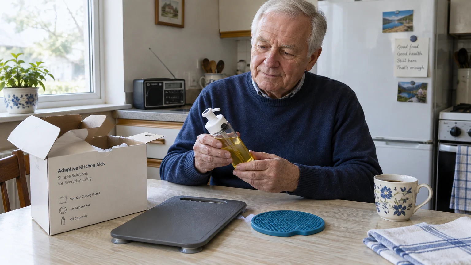 Senior man sitting at a kitchen table examining an oil dispenser bottle next to adaptive kitchen aids and a cardboard box.