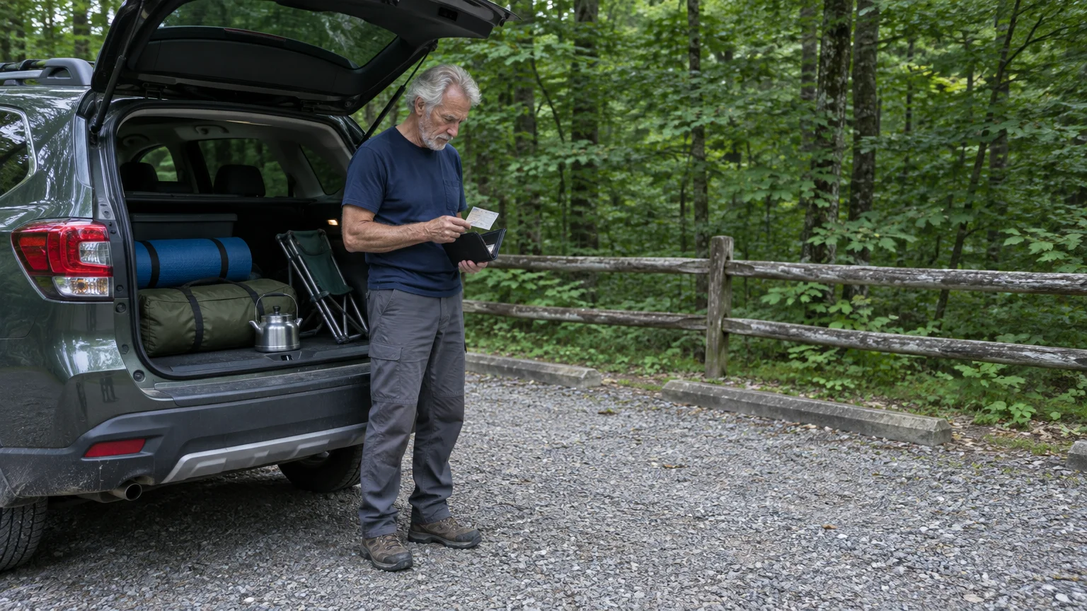 A senior man stands by the open trunk of an SUV packed with camping gear, looking at a pass in his wallet.