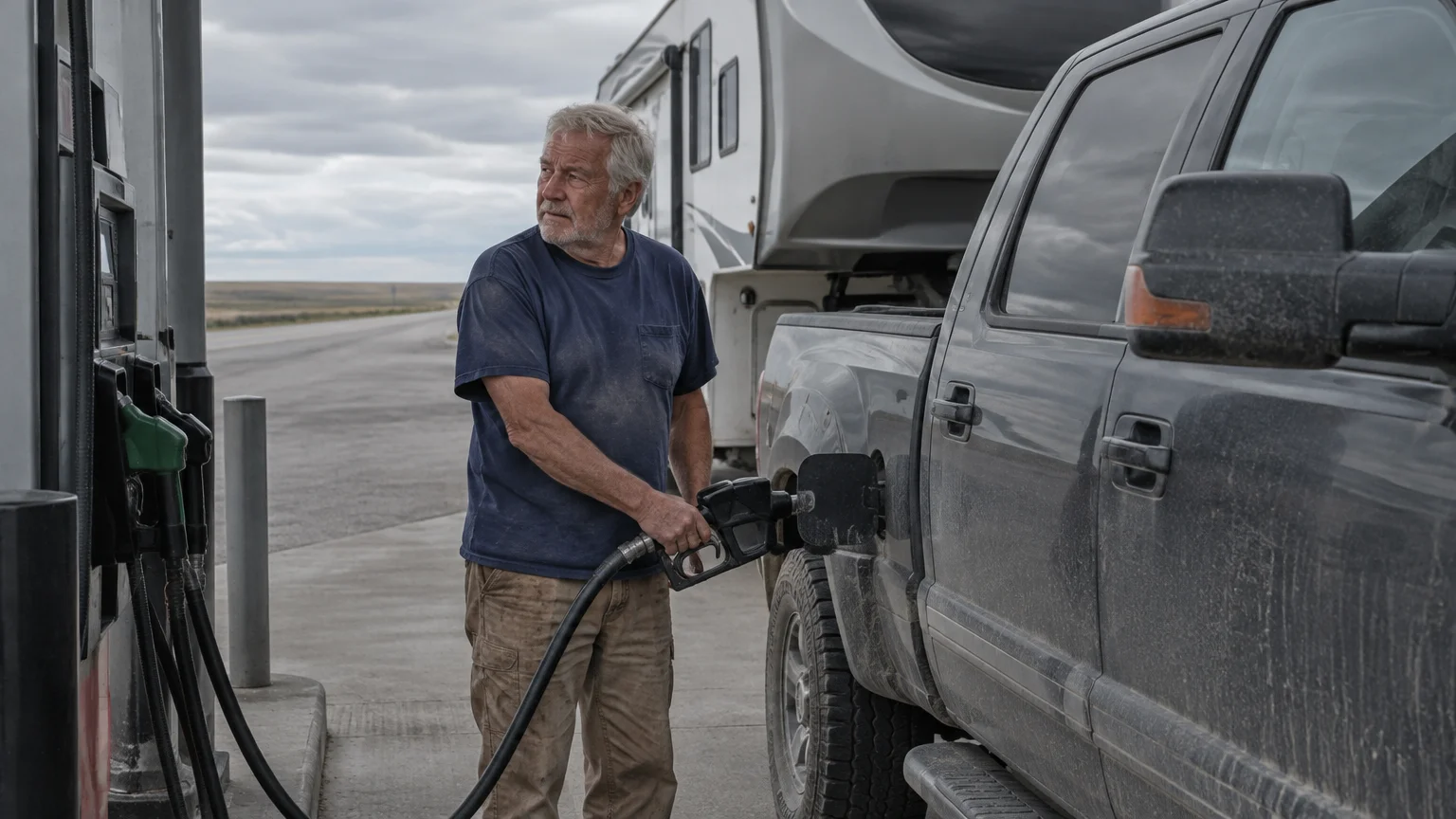 A man refuels a dusty pickup truck towing a camper trailer at a roadside gas station beside an open highway.