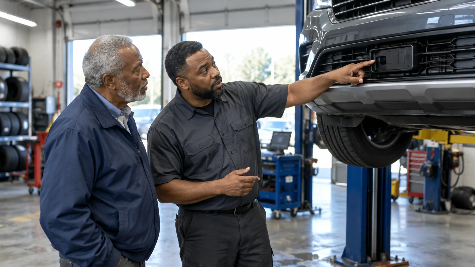A mechanic points out a sensor compartment on a car grille to an older man inside an auto repair shop.