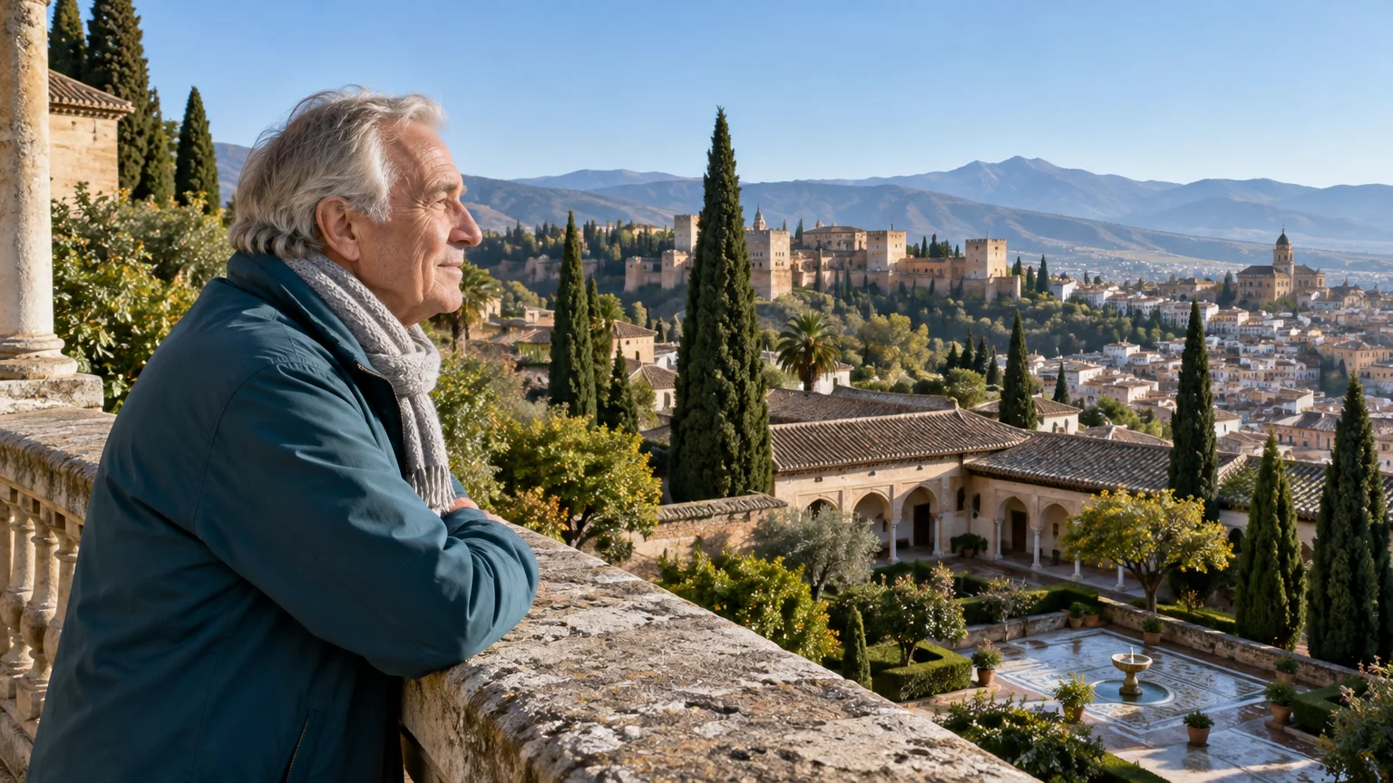 Senior man wearing a scarf looks out over a historic palace complex, courtyards, and mountains from a stone balcony.