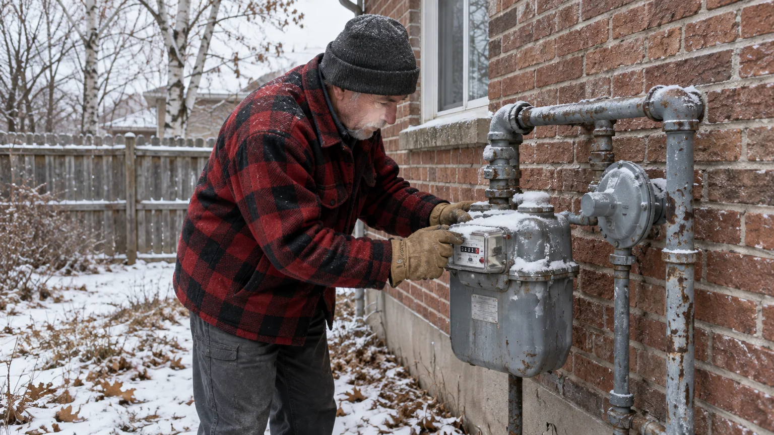 Older man in a plaid jacket and knit cap inspecting a snow-covered outdoor gas meter on a brick house.