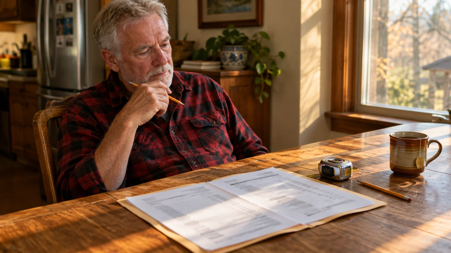 A senior man in a red flannel shirt sits at a wooden dining table reviewing printed paperwork with a pencil.