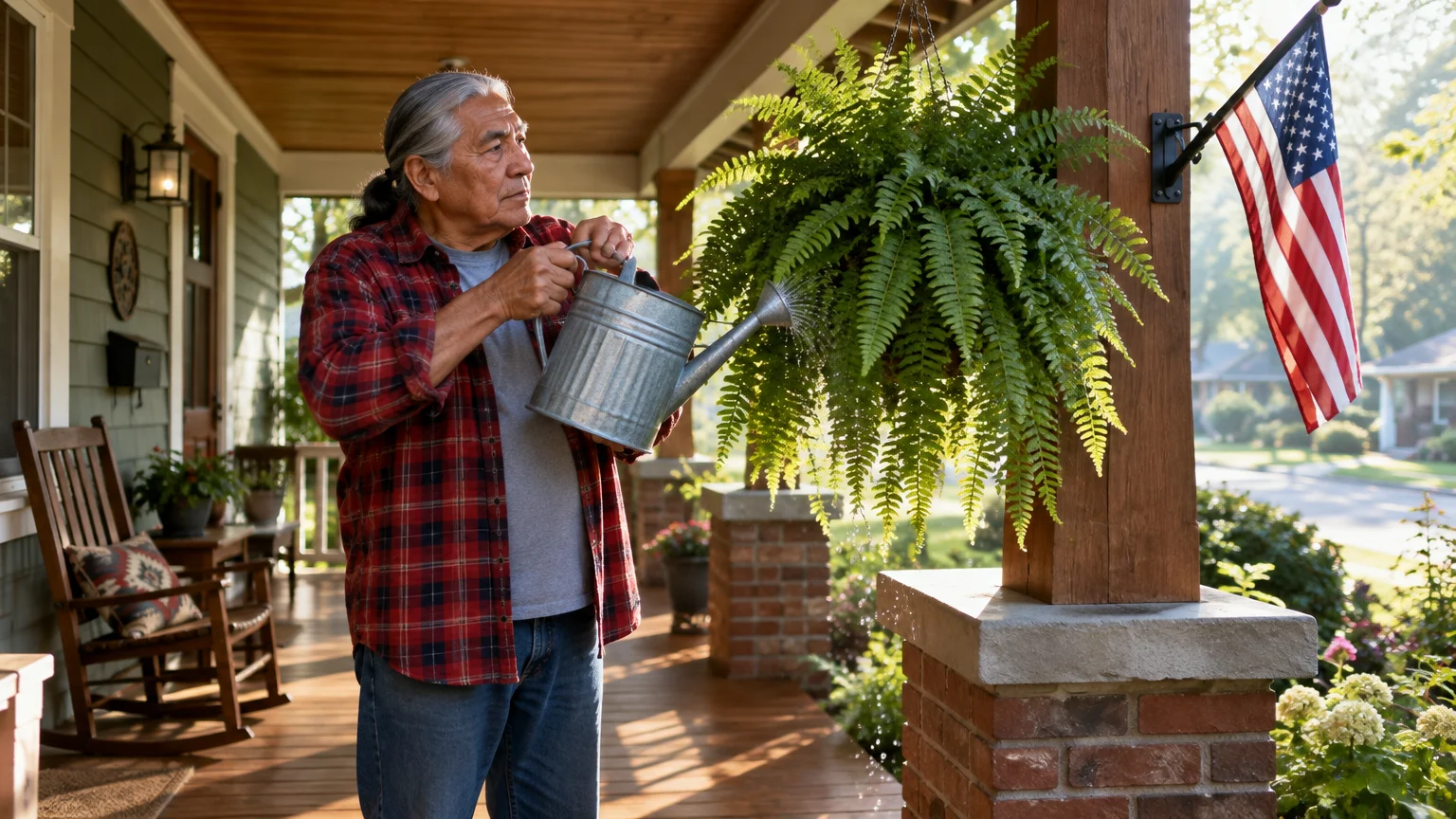 An older man in a plaid shirt waters a hanging fern on a front porch with an American flag attached to a post.