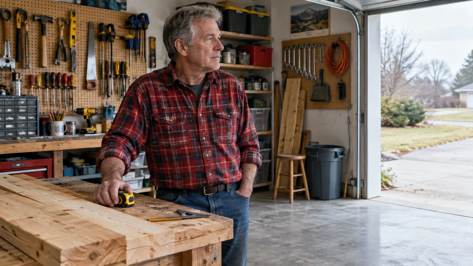 Man in a red plaid shirt standing by a workbench holding a tape measure inside a garage workshop.