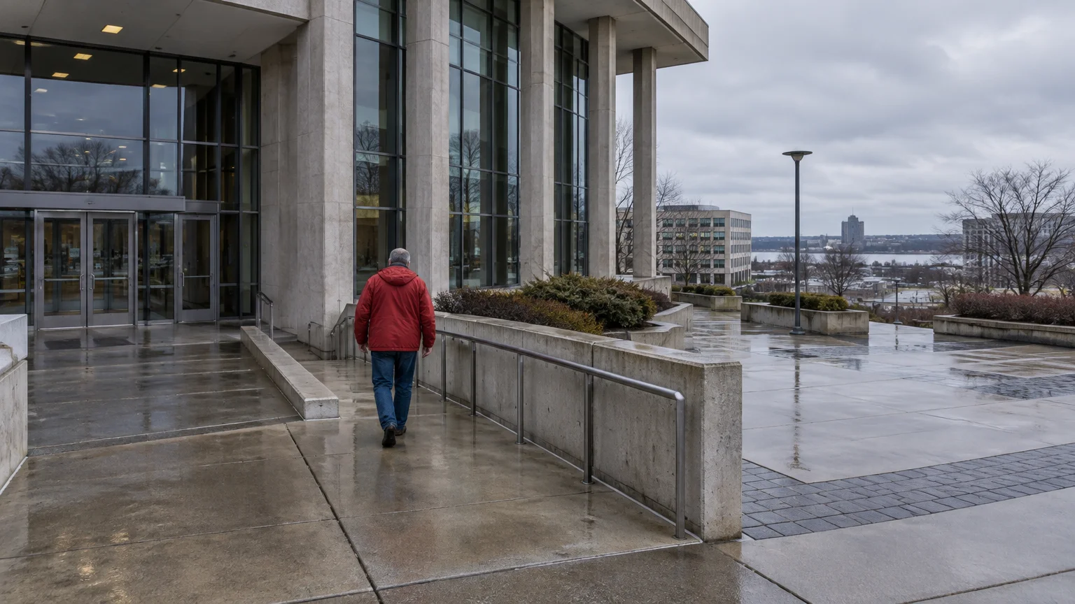 A man in a red jacket walks across a wet concrete plaza toward the glass entrance of a multistory office building.