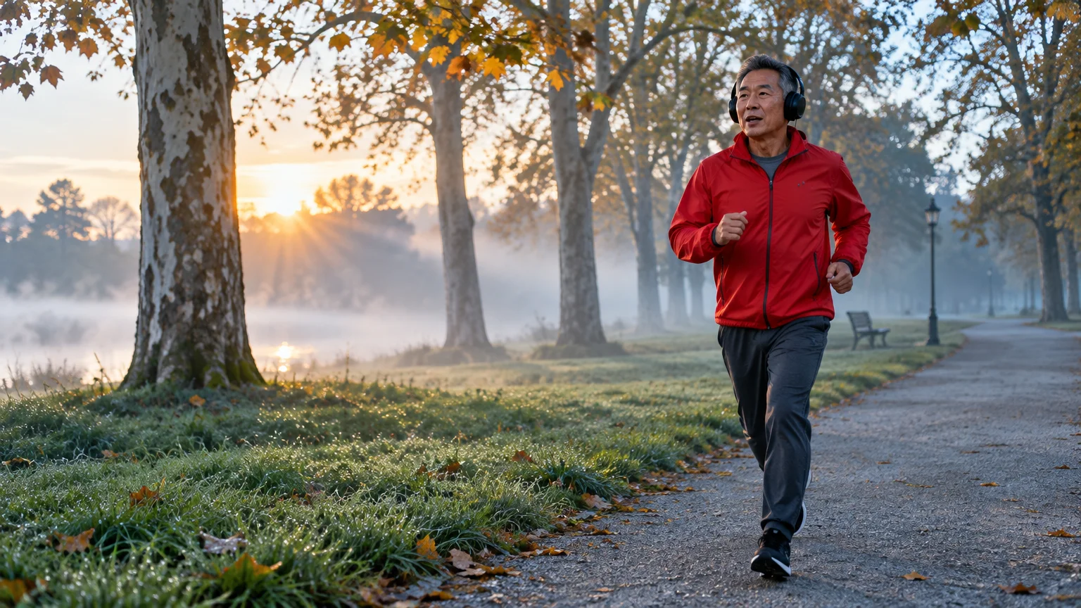 Older man wearing headphones and a red jacket jogs along a park path beside a misty lake at sunrise.