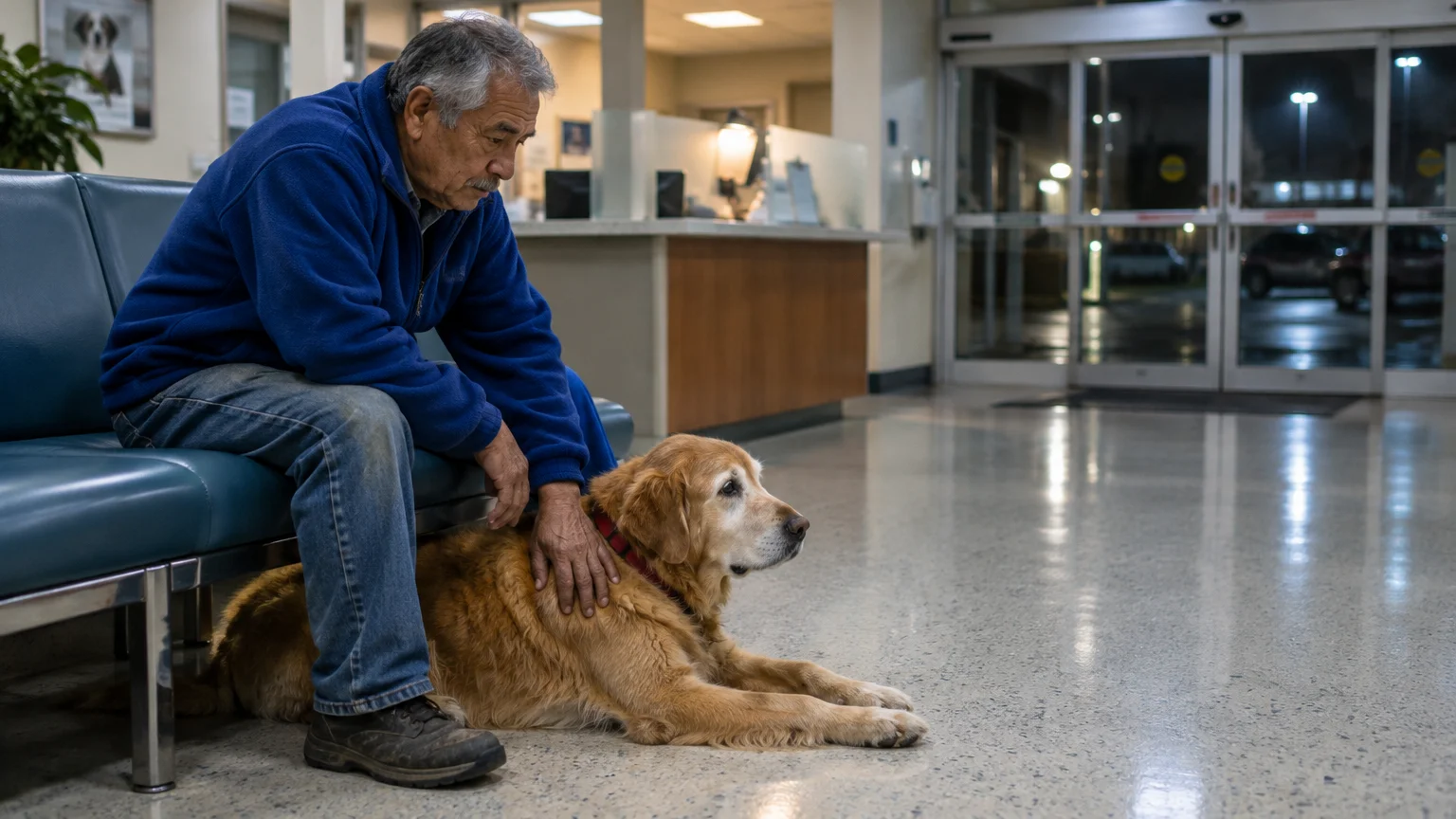 Senior man sitting on a waiting room bench gently petting a golden retriever lying on the floor beside him.