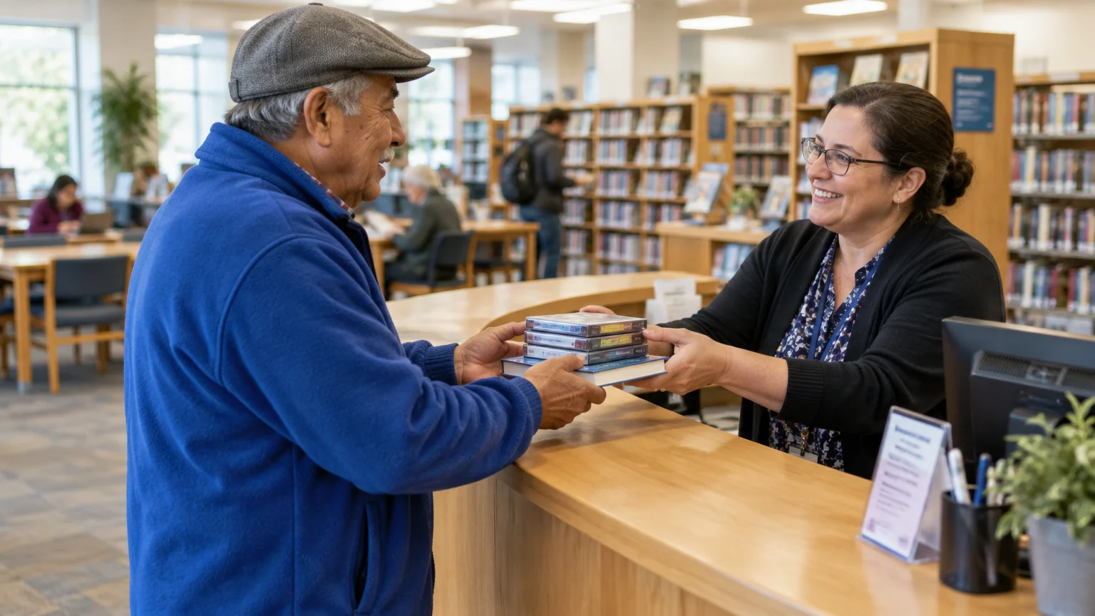 An older man checks out books and media cases at a library service desk from a smiling librarian.