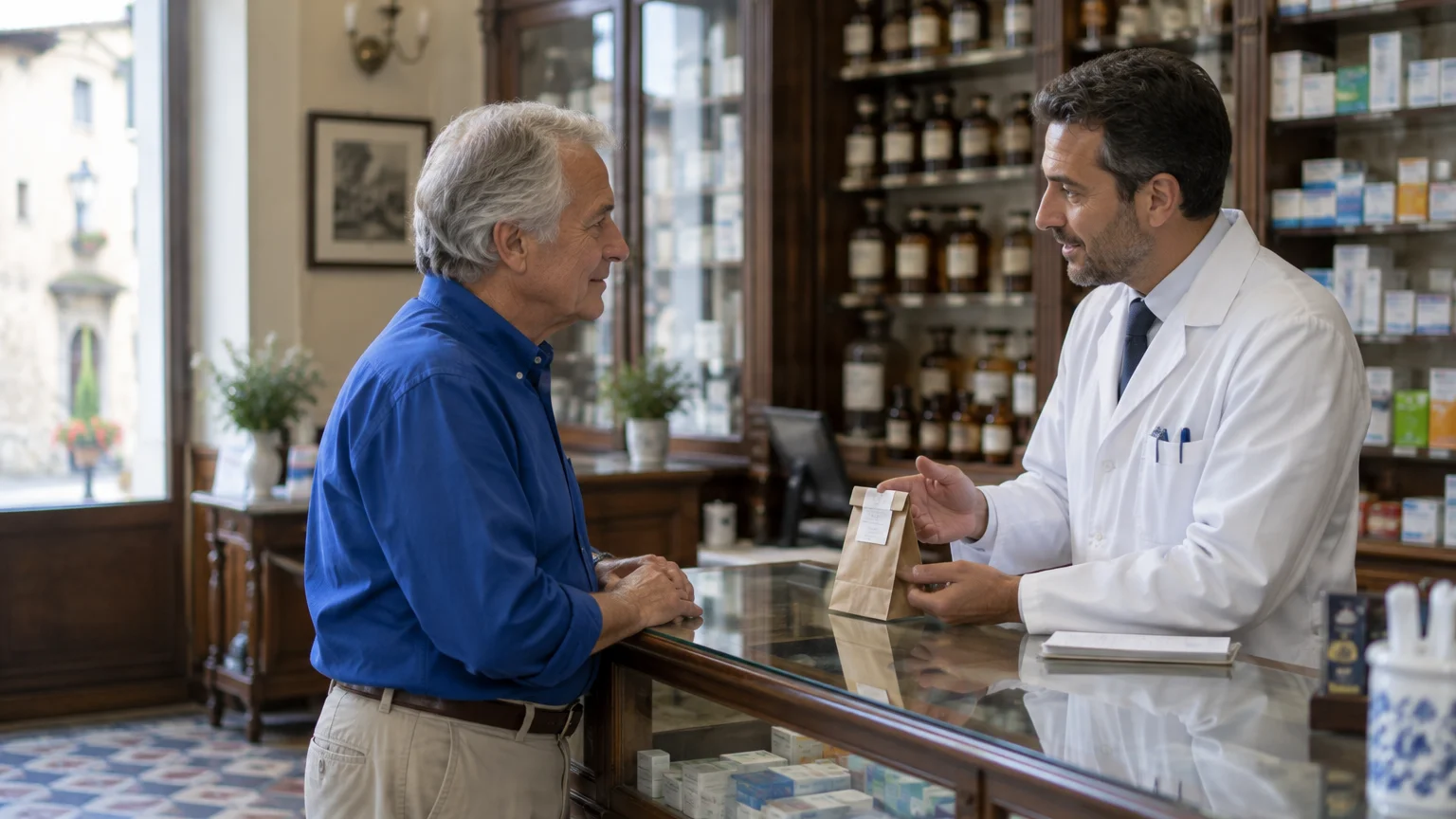 A pharmacist in a white coat hands a small paper bag to a senior man across a pharmacy counter.
