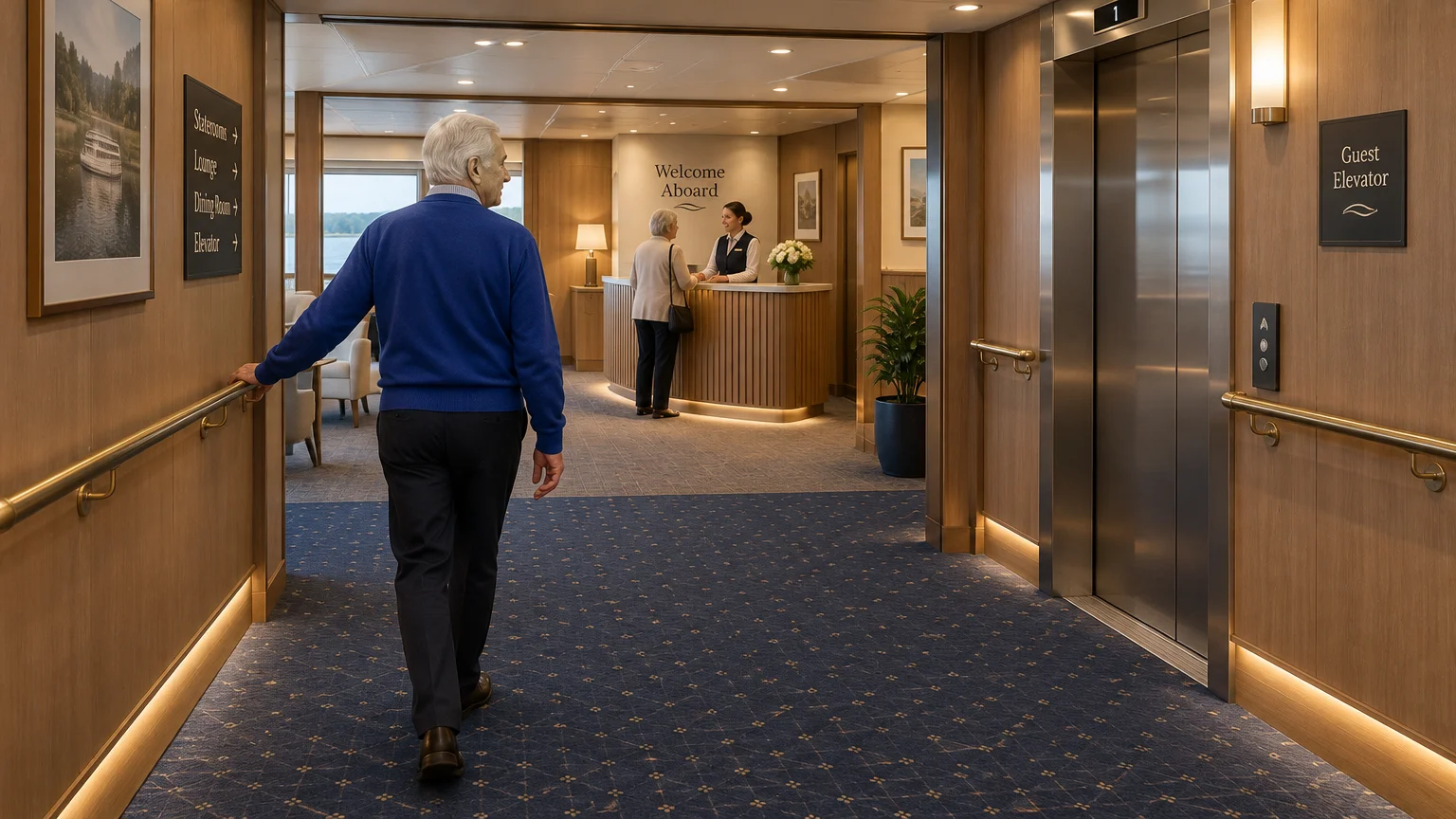 Senior man walking down a carpeted cruise ship corridor with handrails past an elevator toward a reception desk.