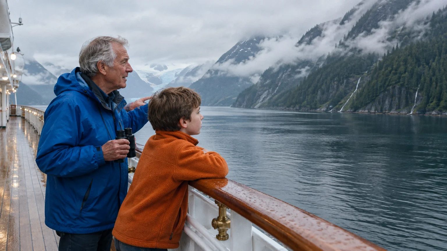 An older man and a young boy lean against a ship deck railing looking at misty mountains, waterfalls, and a distant glacier.