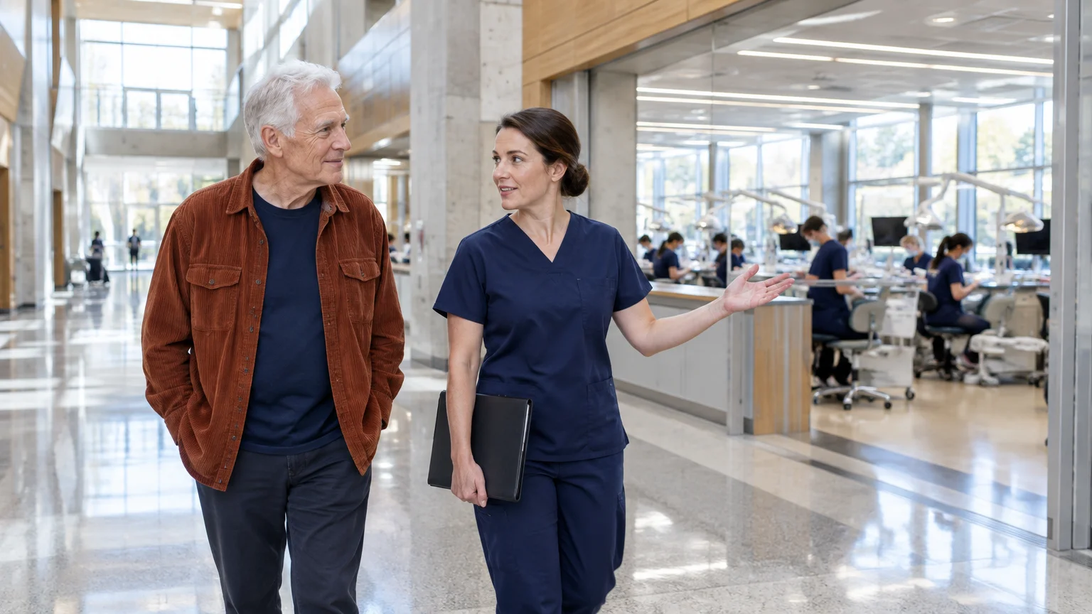 A female healthcare worker in navy scrubs talks with an older man while gesturing toward a bright dental clinic.