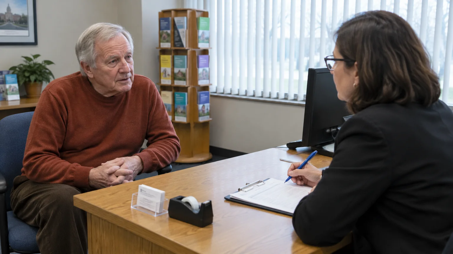 An older man in an orange sweater sits at an office desk speaking with a woman taking notes on a clipboard.