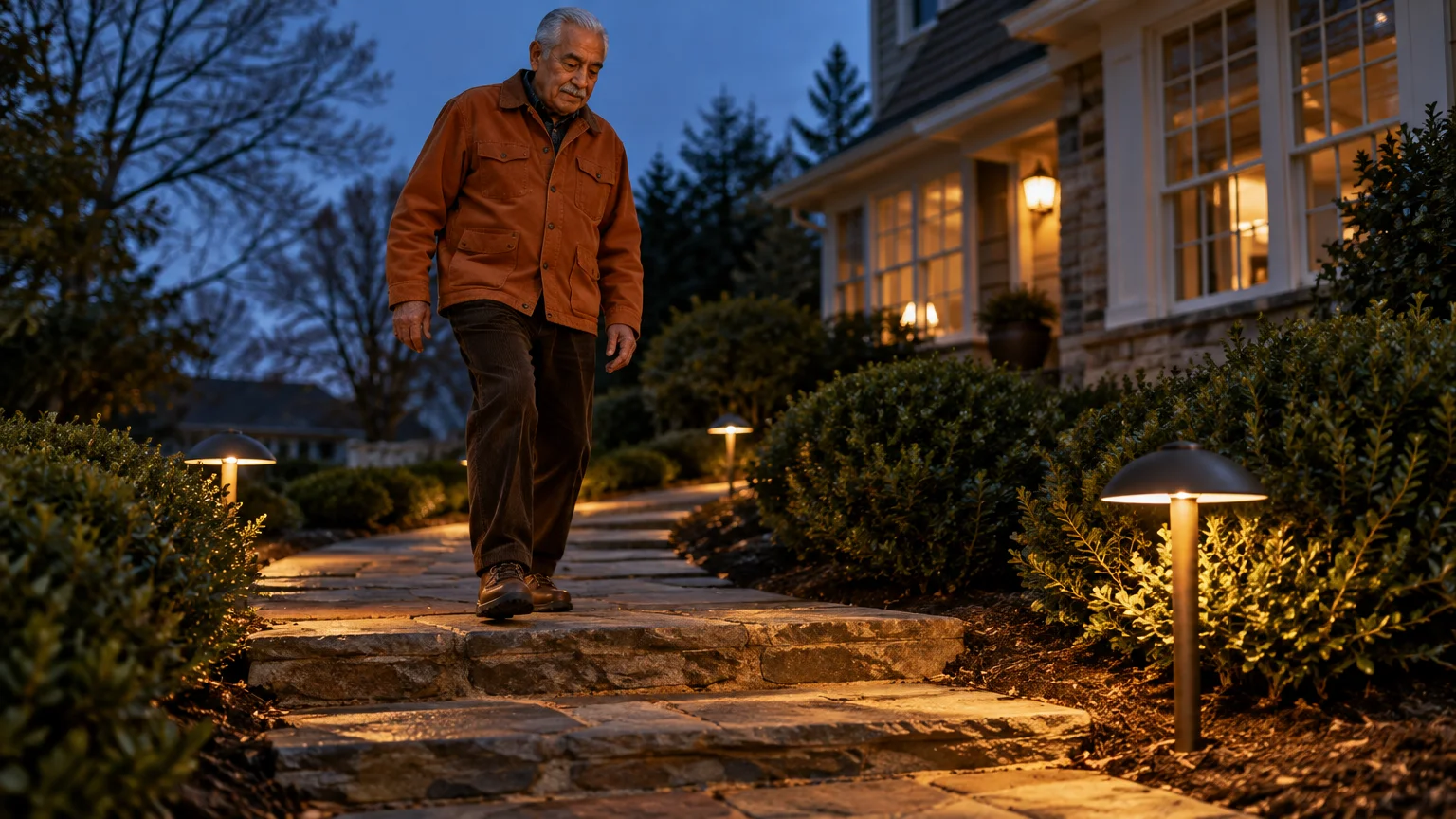 Senior man walking down stone steps illuminated by low-glare path lights along a garden walkway at dusk.
