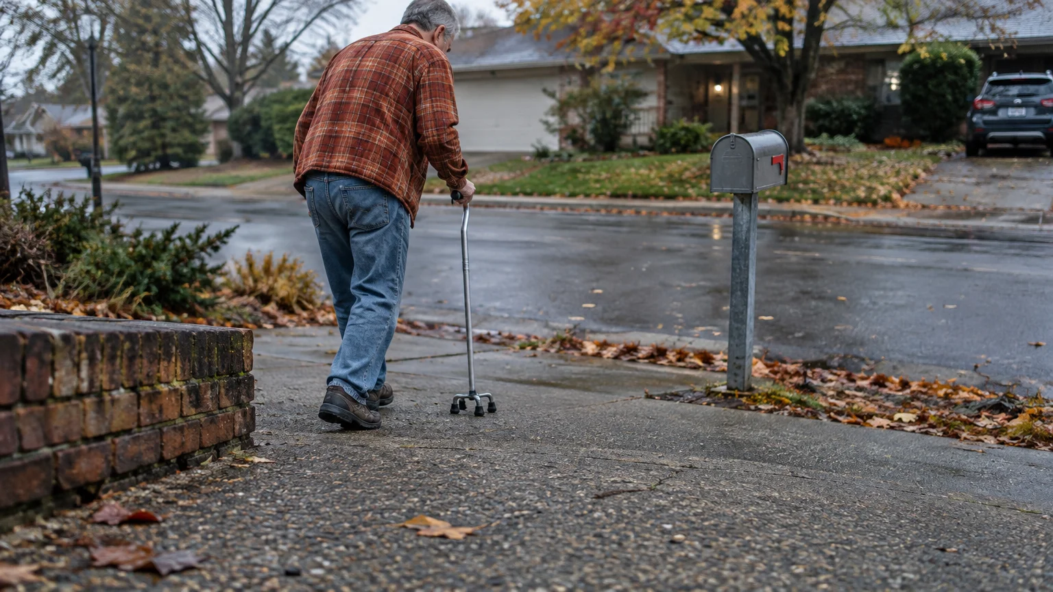 Rear view of an older man walking down a wet driveway toward a mailbox using a quad cane.