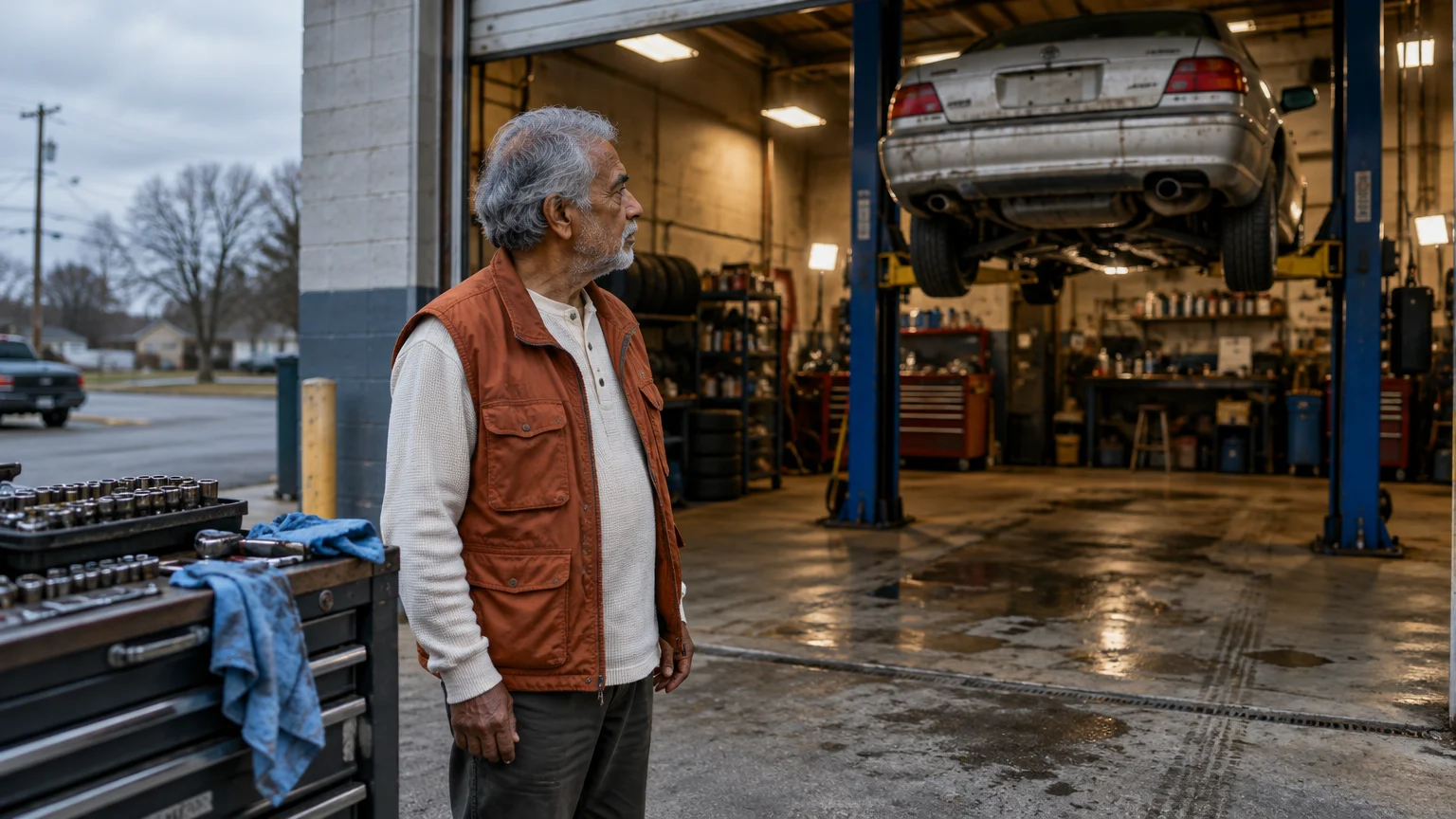 Older man in a brown vest standing outside an auto repair shop with a car raised on a hydraulic lift.