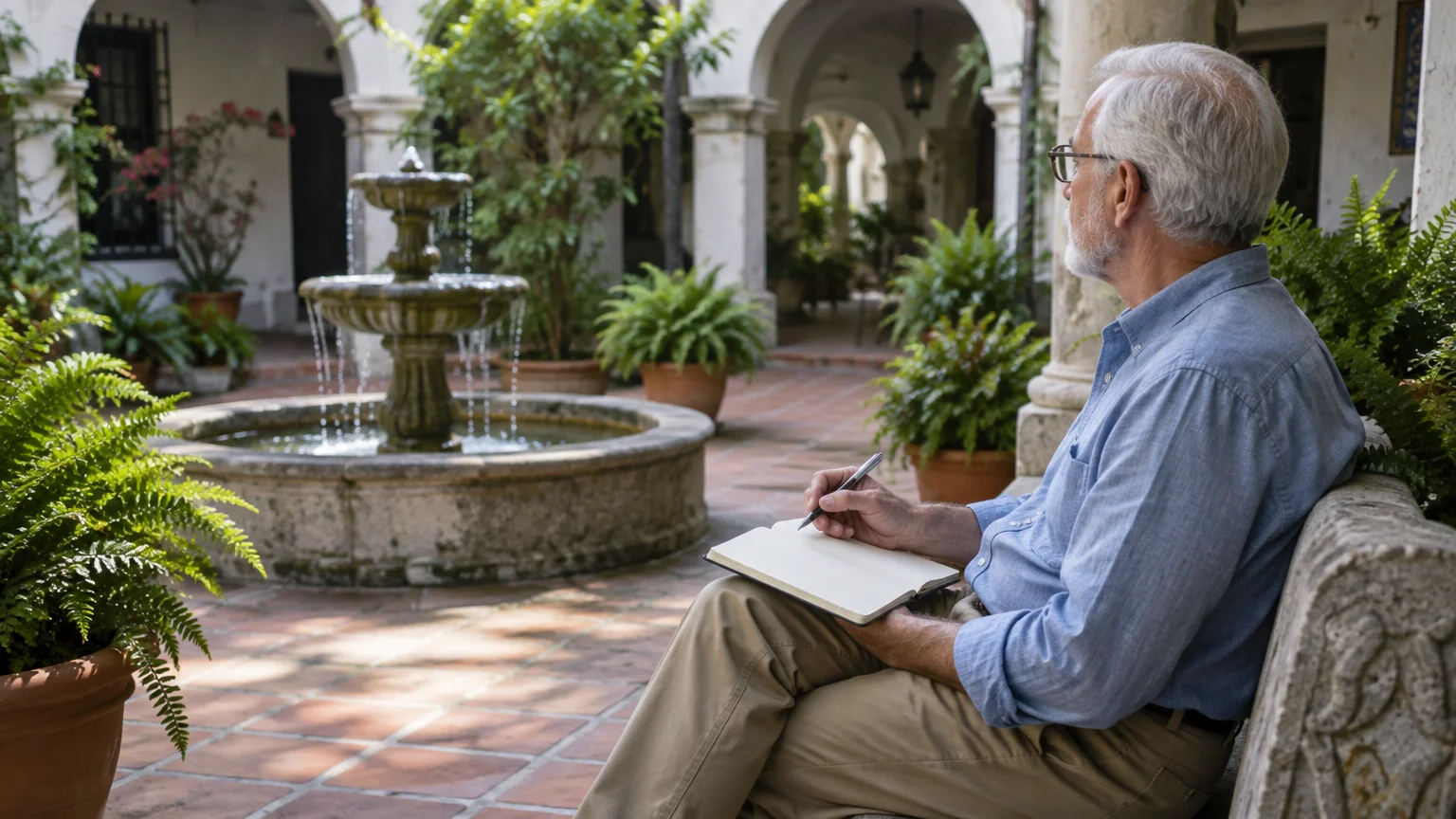 A senior man sits on a stone bench holding a notebook and pen in a courtyard with arched walkways and a tiered fountain.