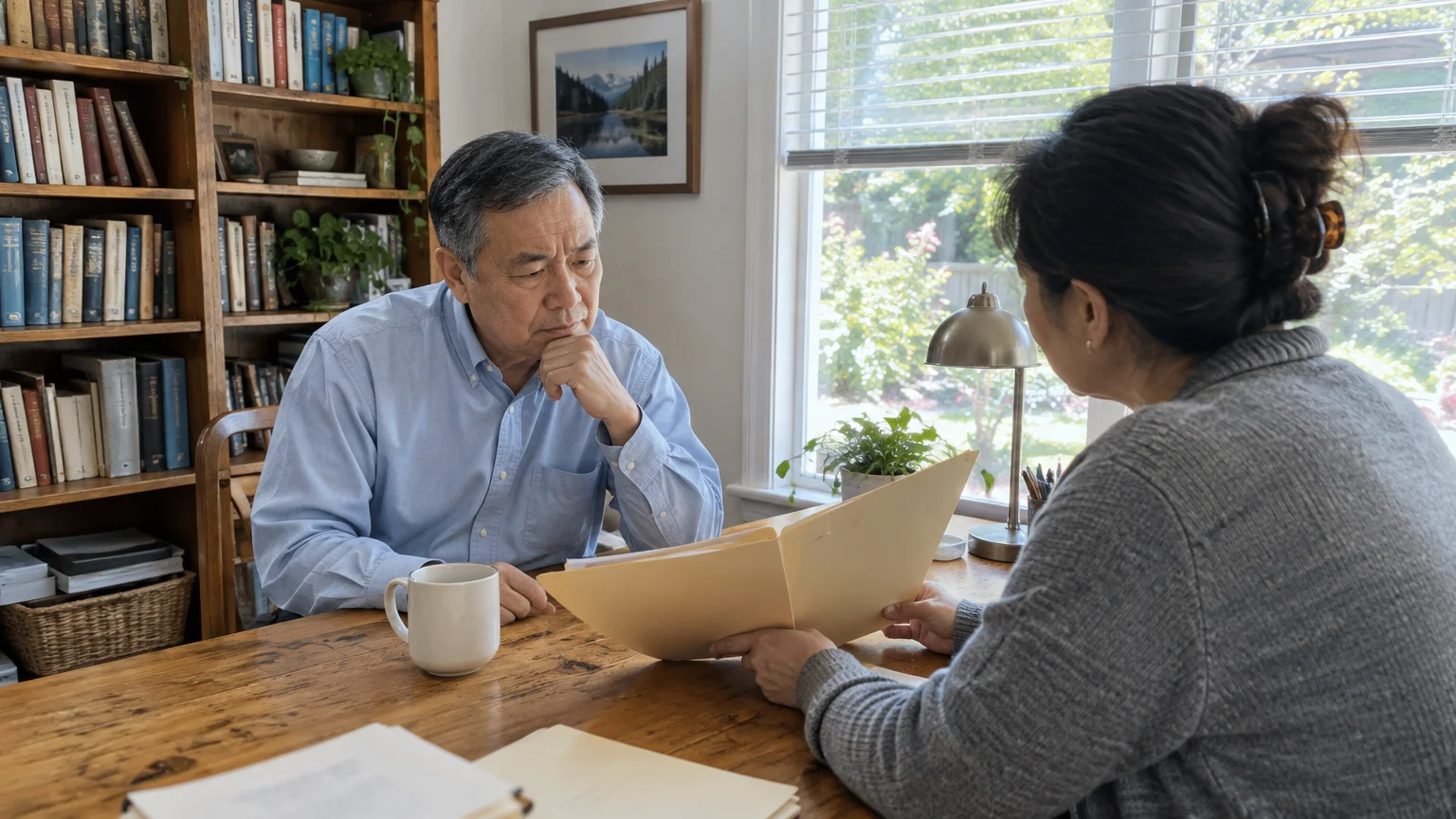 Senior man sitting at a wooden table looking thoughtfully as a woman holds open a manila folder with papers.