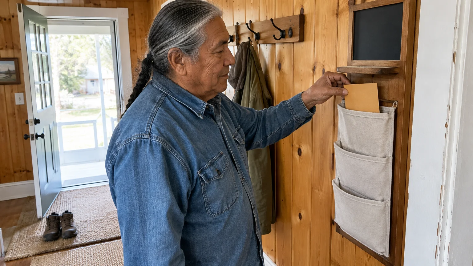 An older man placing a yellow envelope into a hanging canvas mail organizer in a wooden entryway.