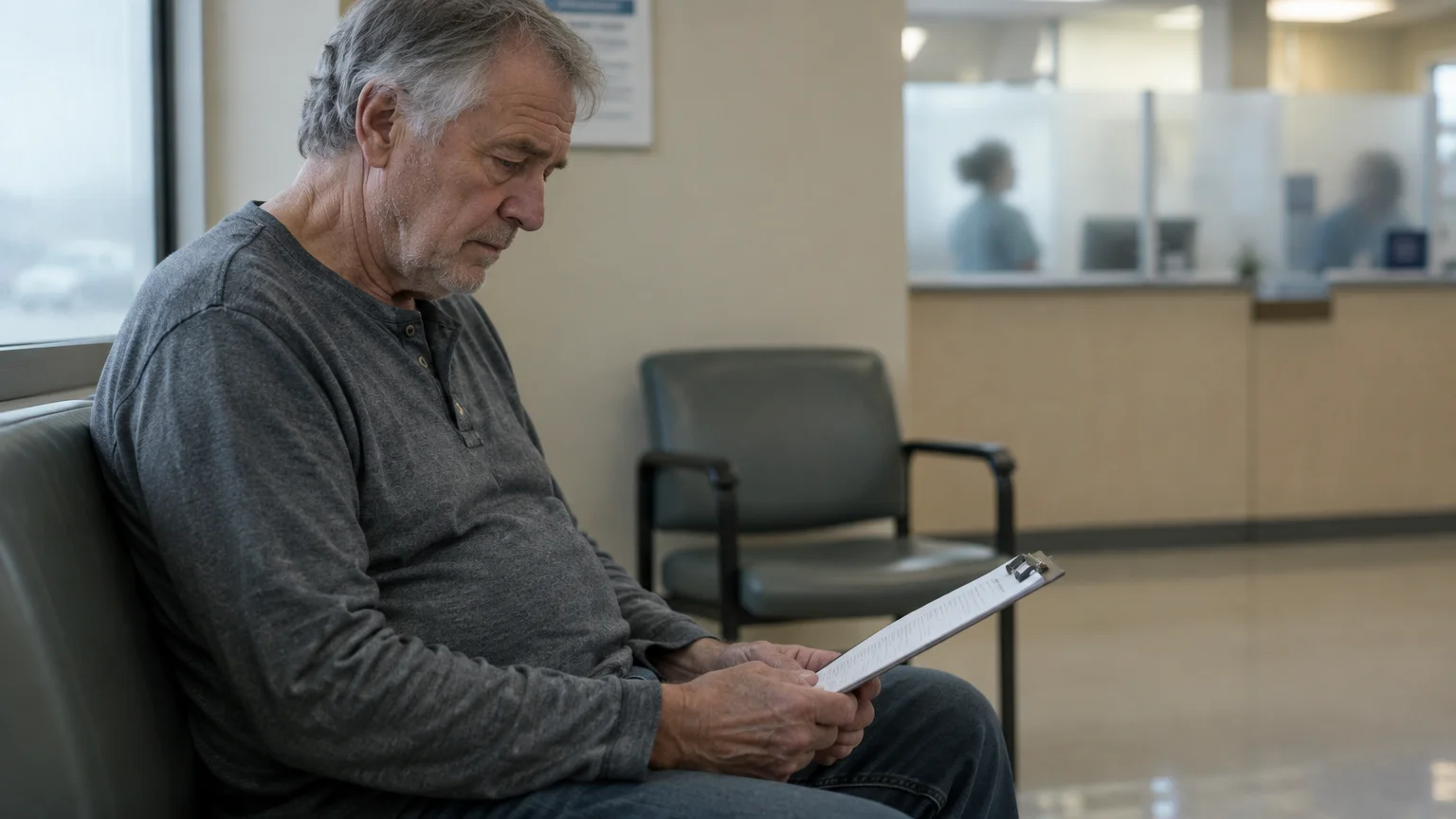 Older man sitting in a clinic waiting room holding a clipboard and reading paperwork.