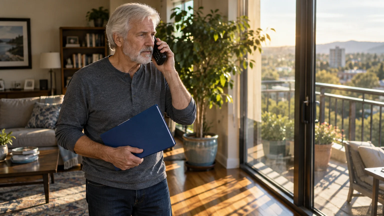 Senior man holding a blue folder while talking on a phone inside an apartment next to a sunny balcony.