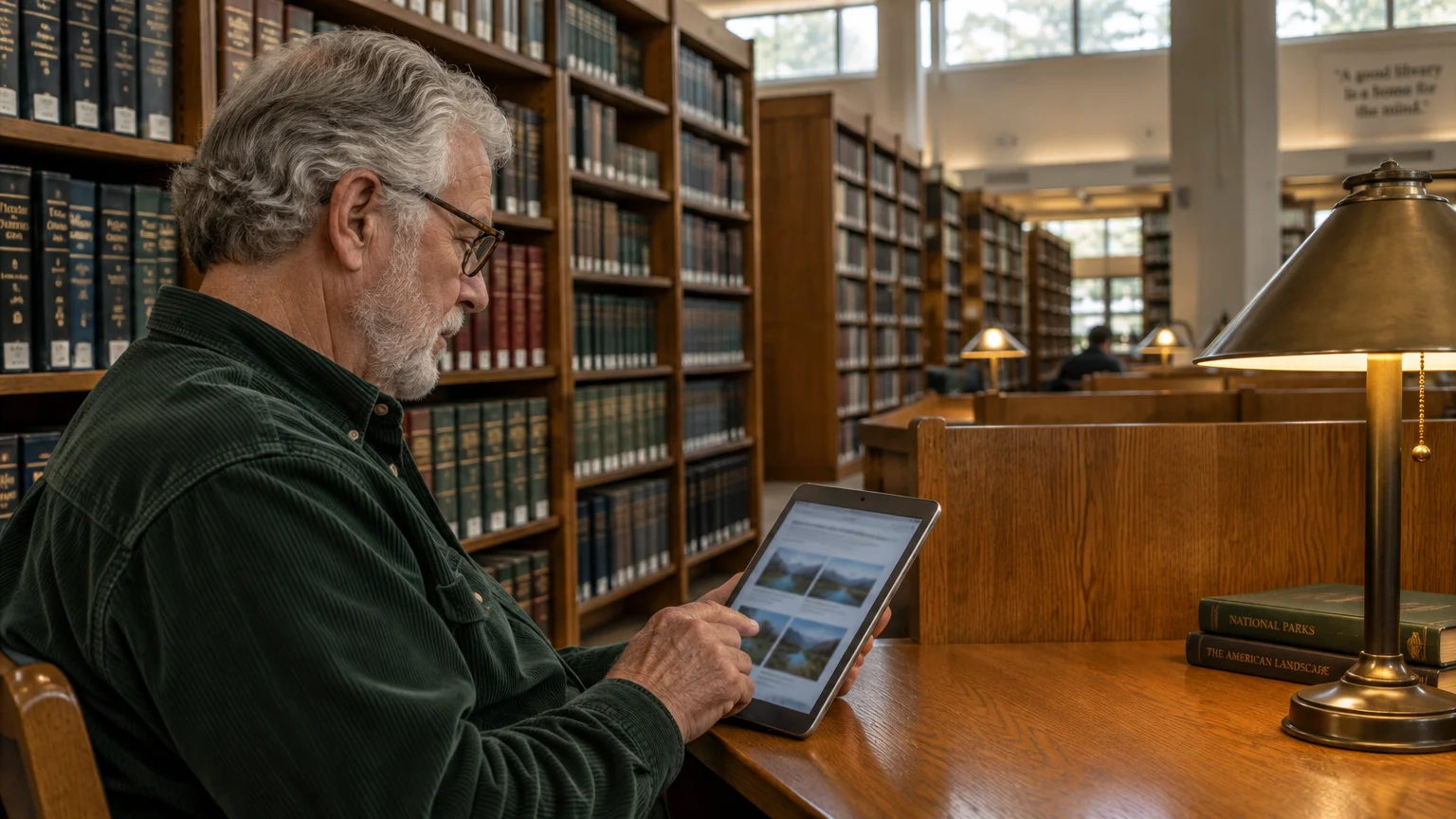 A senior man with glasses and a beard sits at a library desk browsing a tablet beside a brass lamp.