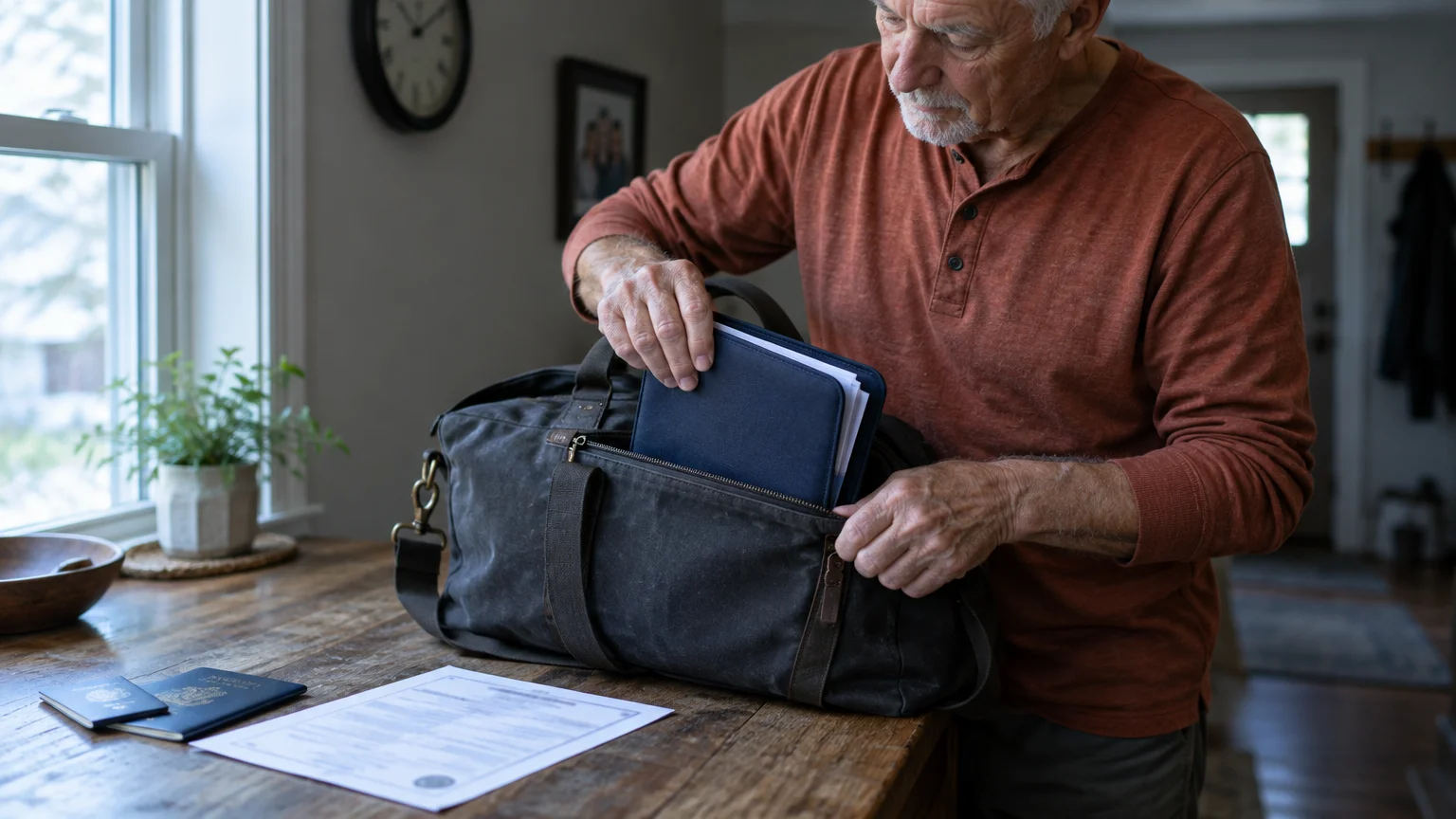 A senior man packs documents into a duffel bag on a wooden table near passports and a paper form.