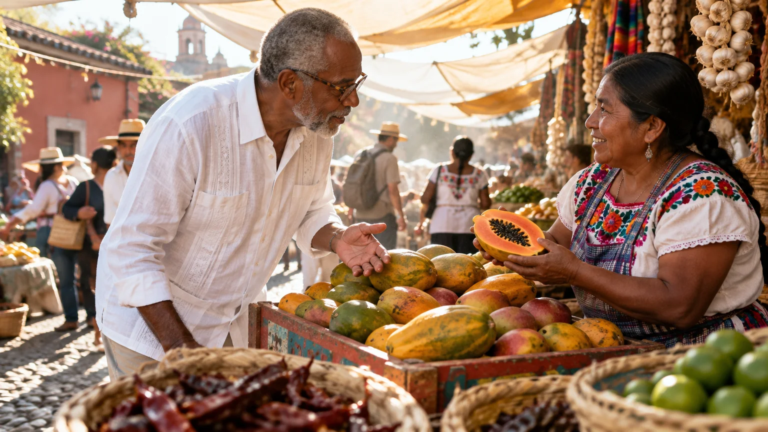 A smiling vendor in an outdoor market shows a sliced papaya to an older man wearing glasses and a white shirt.