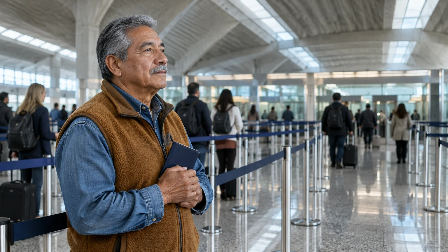 A man holding a passport stands in a stanchioned queue line inside a bright airport terminal.