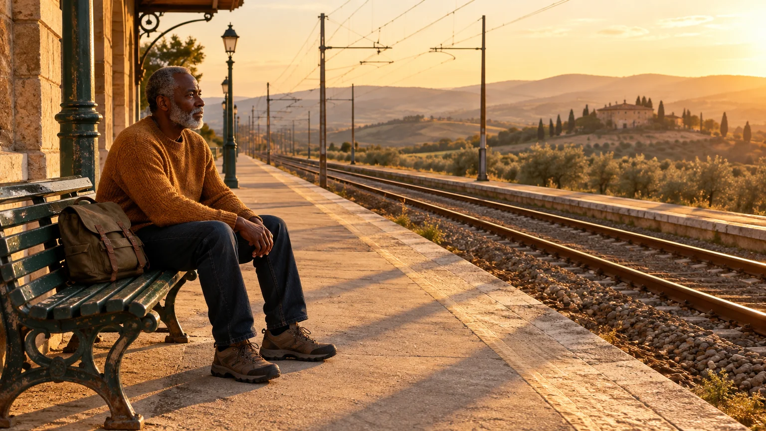 Older Black man sitting on a bench at a rural train station platform overlooking rolling Tuscan hills at sunset.