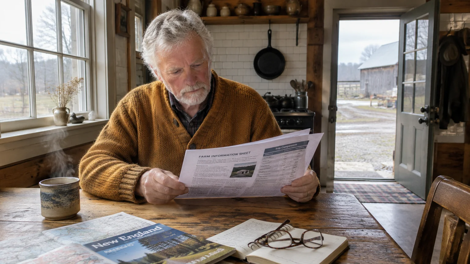 A senior man in a yellow sweater sits at a rustic wooden table reading a printed farm information sheet.