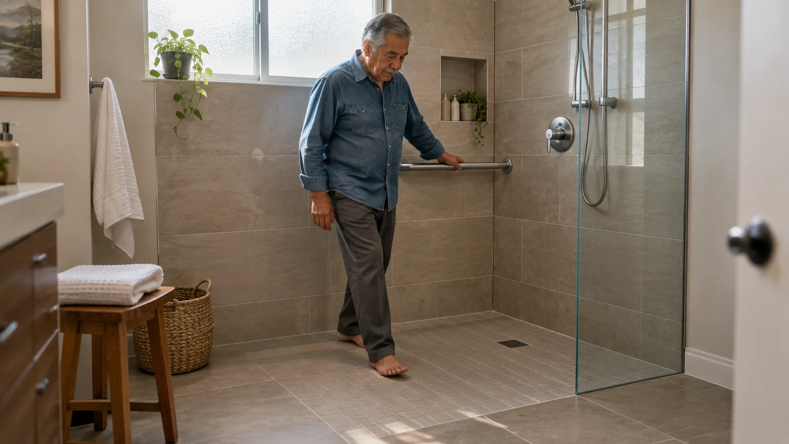 Senior man walking into a curbless tiled walk-in shower while holding a metal grab bar on the wall.