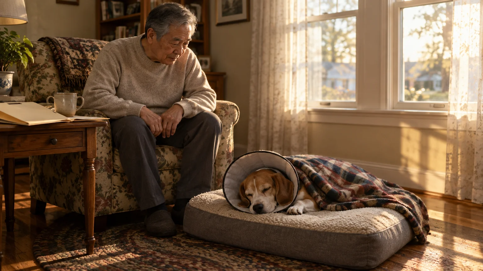 An older man sits in an armchair looking down at a dog wearing a medical cone, sleeping under a blanket.