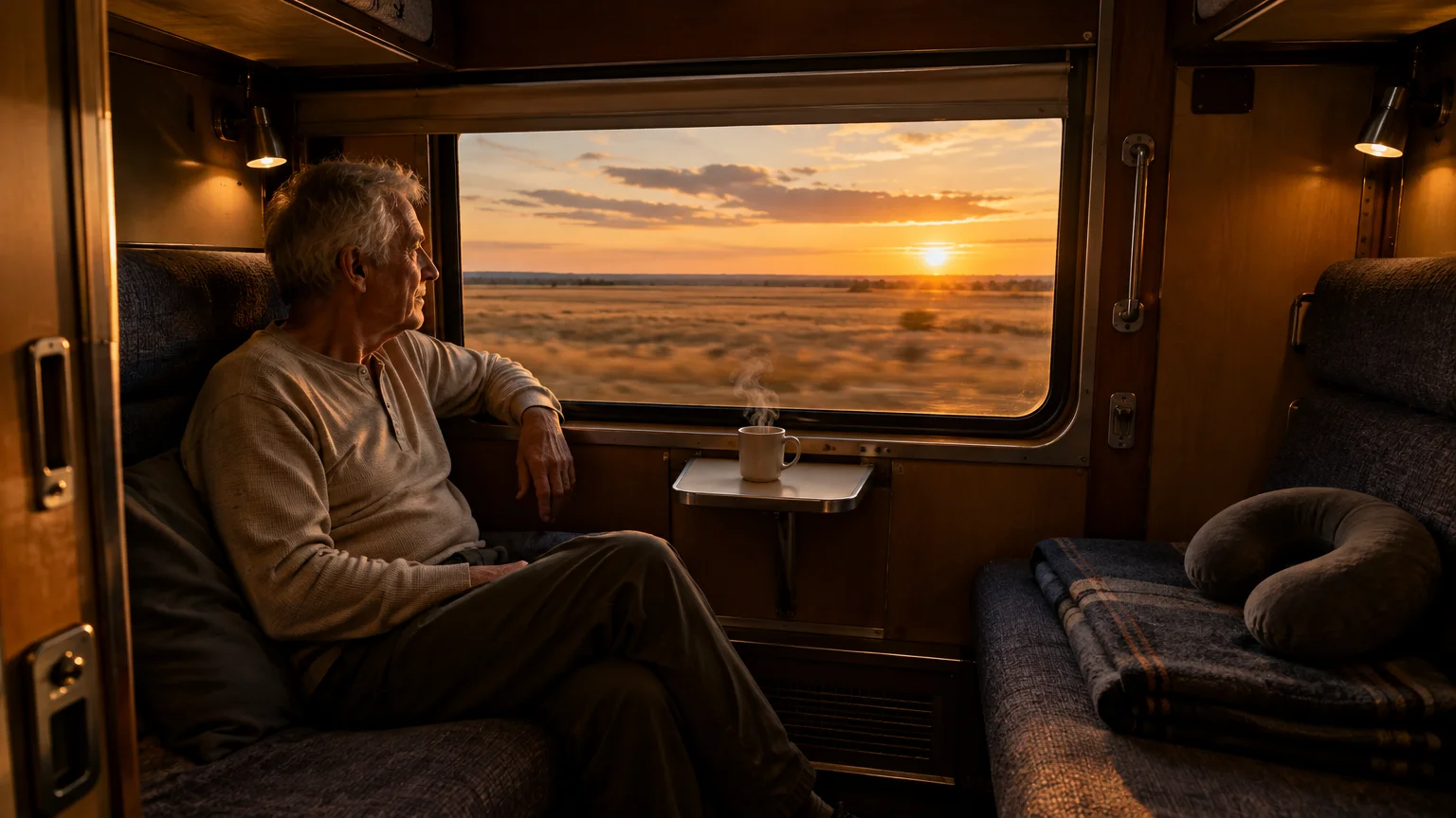 Senior man sitting inside a train sleeper compartment looking out the window at a sunset over open fields.