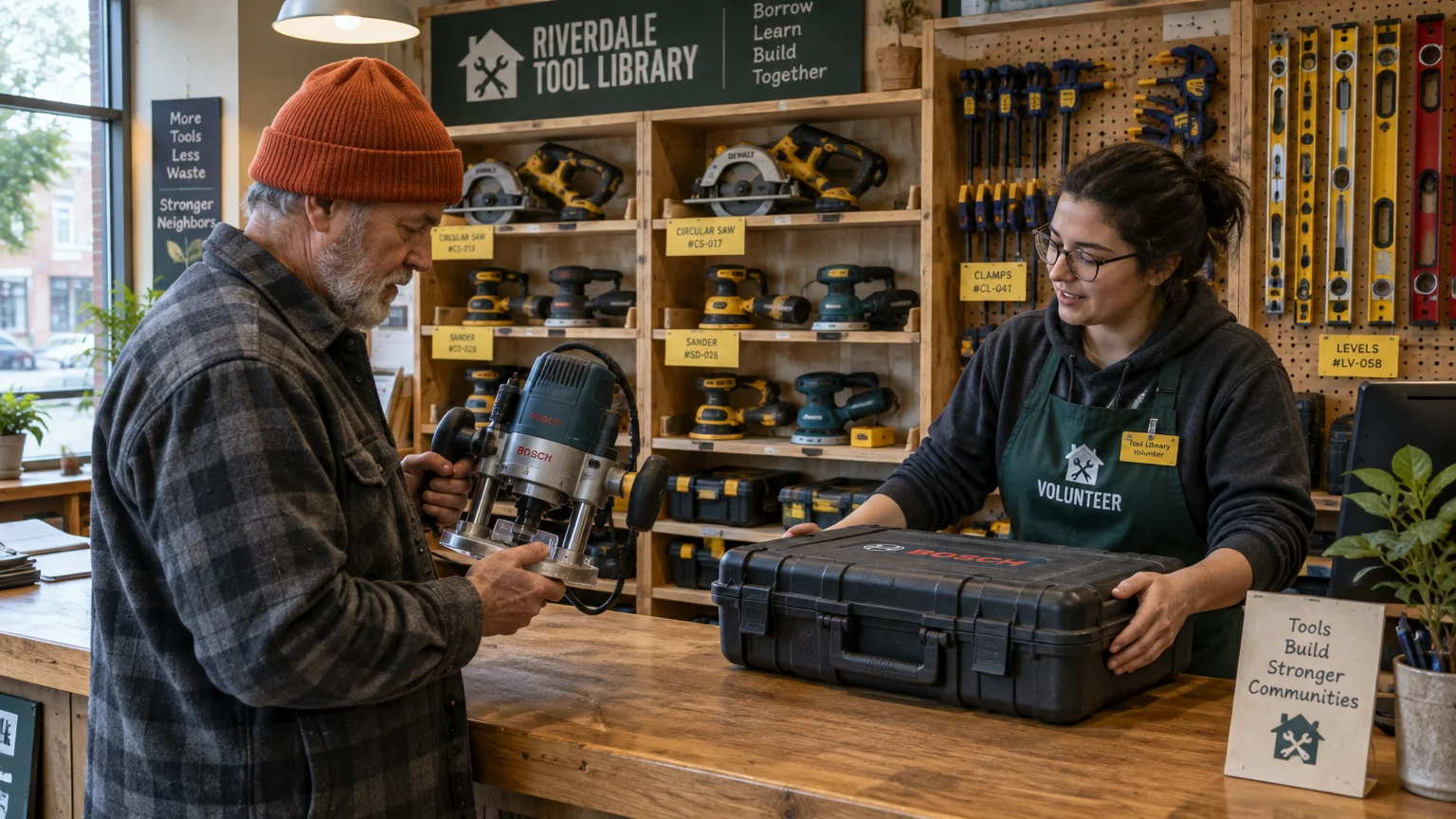 A volunteer behind a wooden counter assists a man inspecting a borrowed router in front of organized tool shelves.