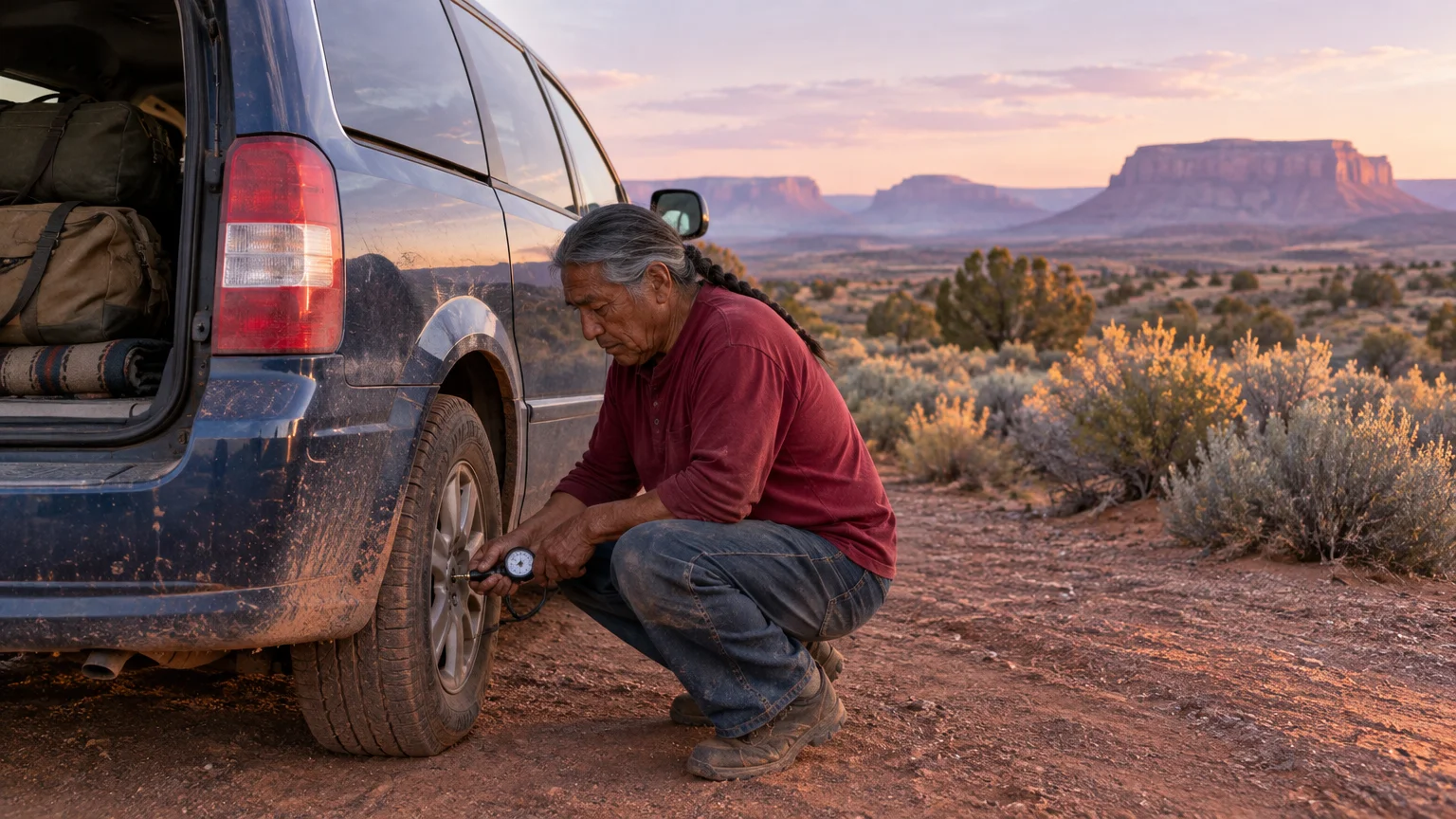 A man squats on a dirt road to check the tire pressure of a blue minivan overlooking desert mesas at sunset.