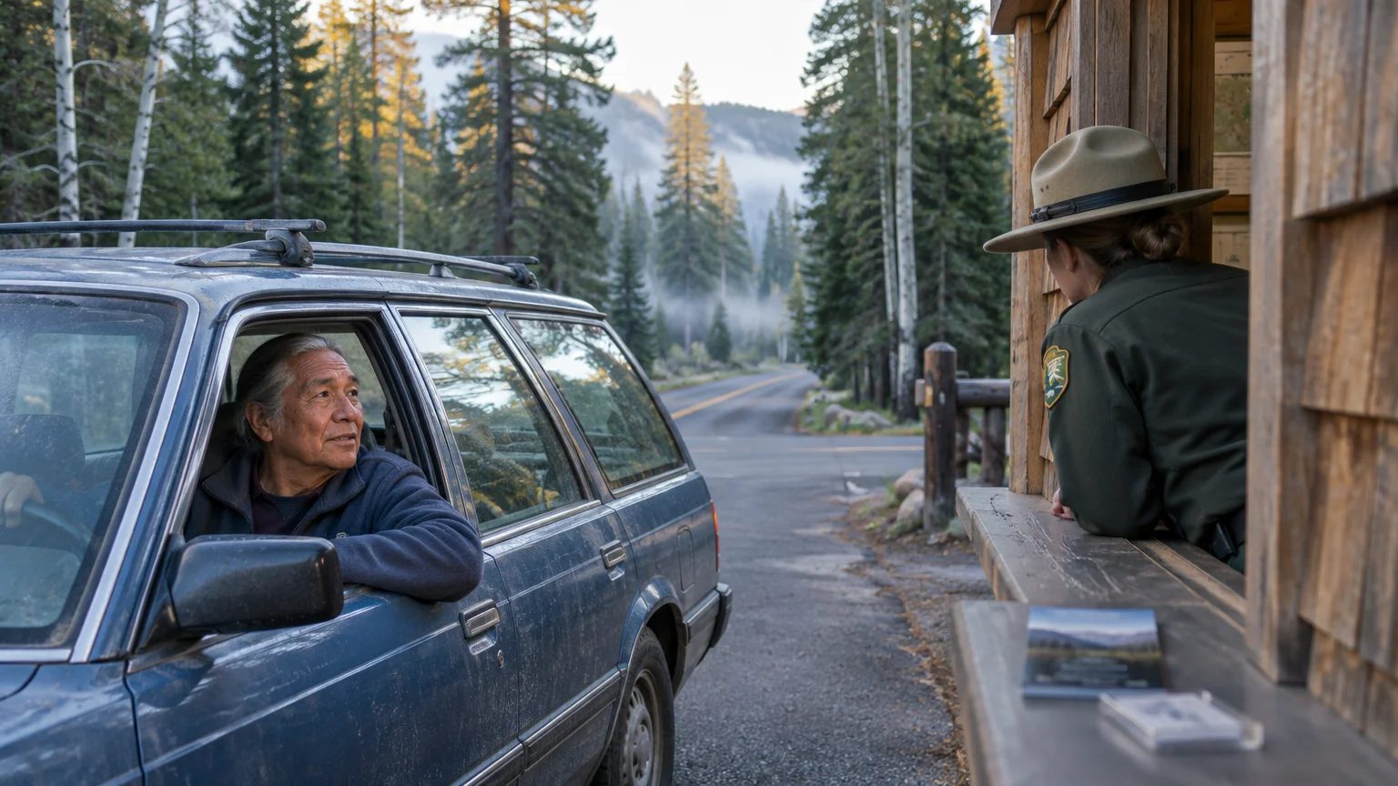 A senior driver stops his station wagon at a wooden park entrance booth to speak with a ranger in a forest setting.