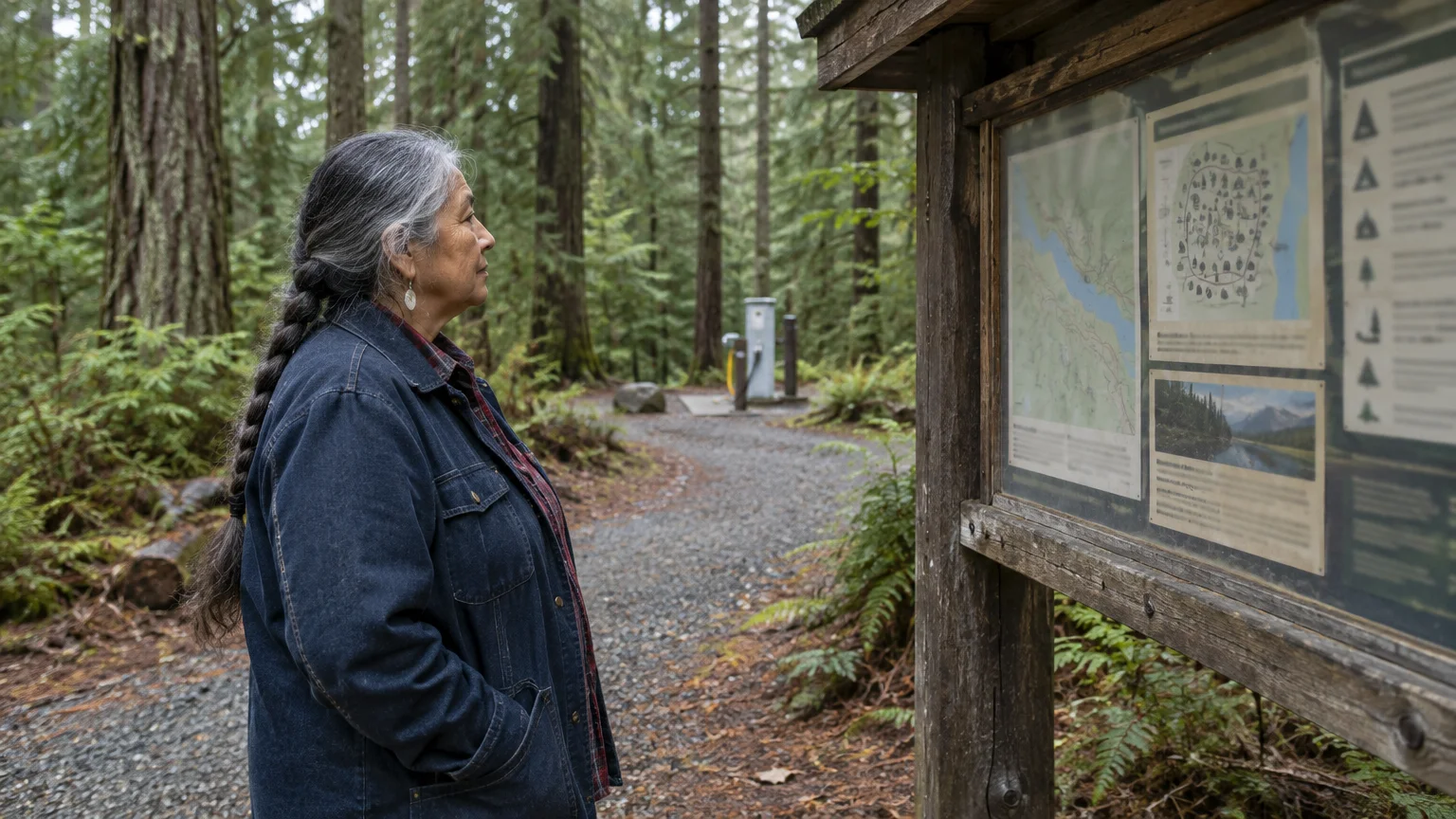 Senior woman in a denim jacket reading a wooden campground map board along a gravel path in a forest.