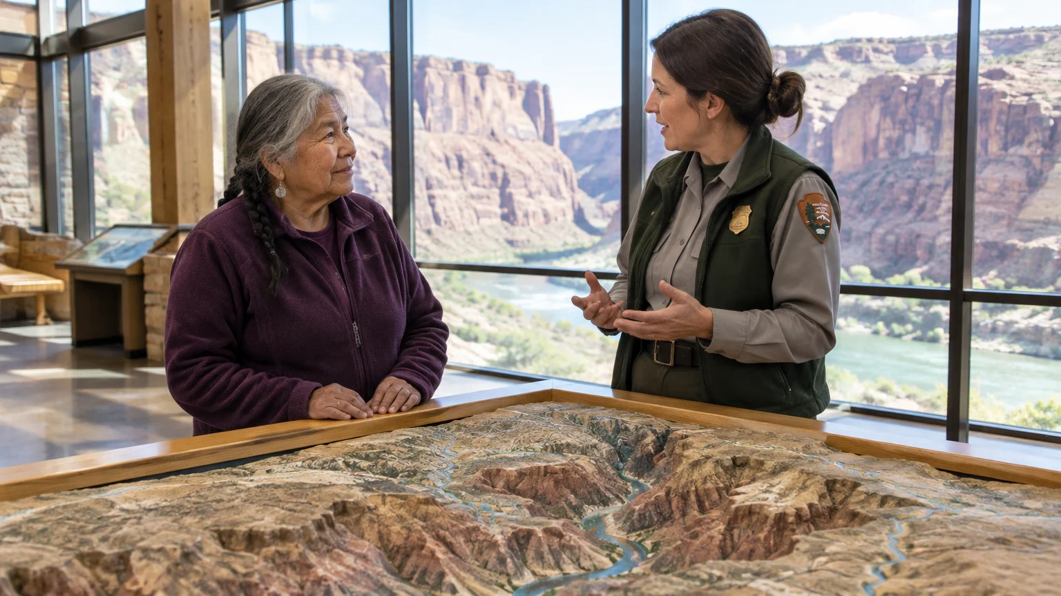 Park ranger speaks with a woman standing beside a 3D topographical canyon model inside a scenic visitor center.
