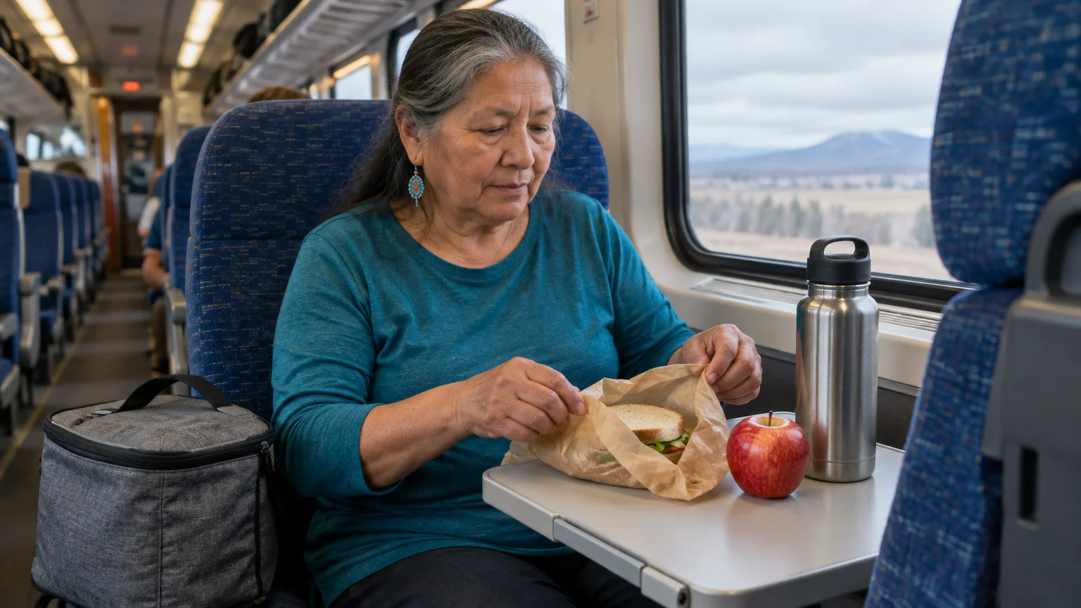 A woman sits on a train opening a sandwich in paper packaging next to an apple, water bottle, and cooler bag.