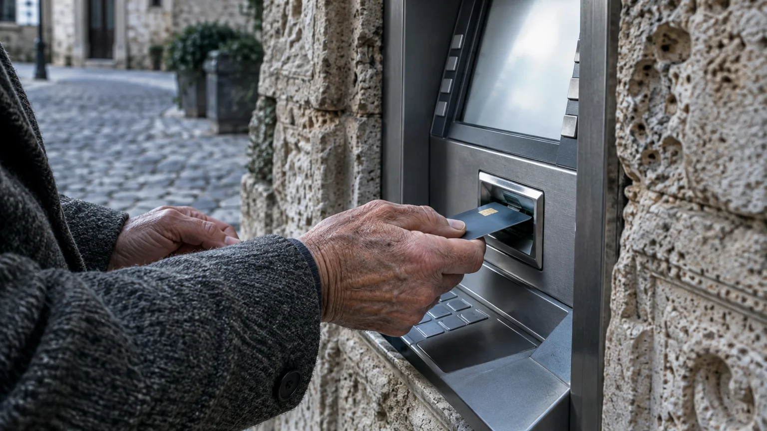 Close-up of an older person inserting a chip card into an outdoor ATM set in a stone wall on a cobblestone street.