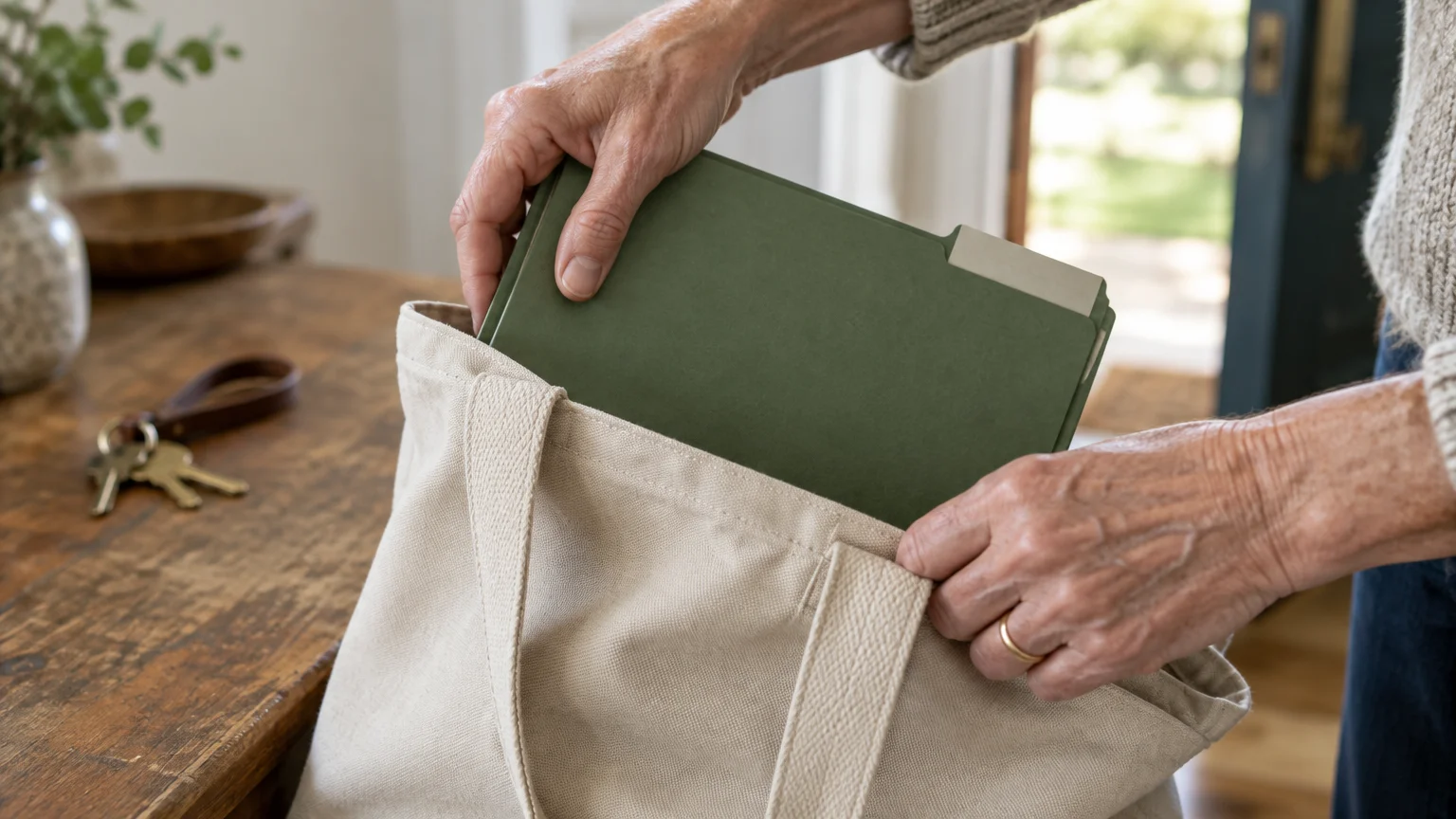 Close-up of hands placing a green document folder into a canvas tote bag on a wooden table.