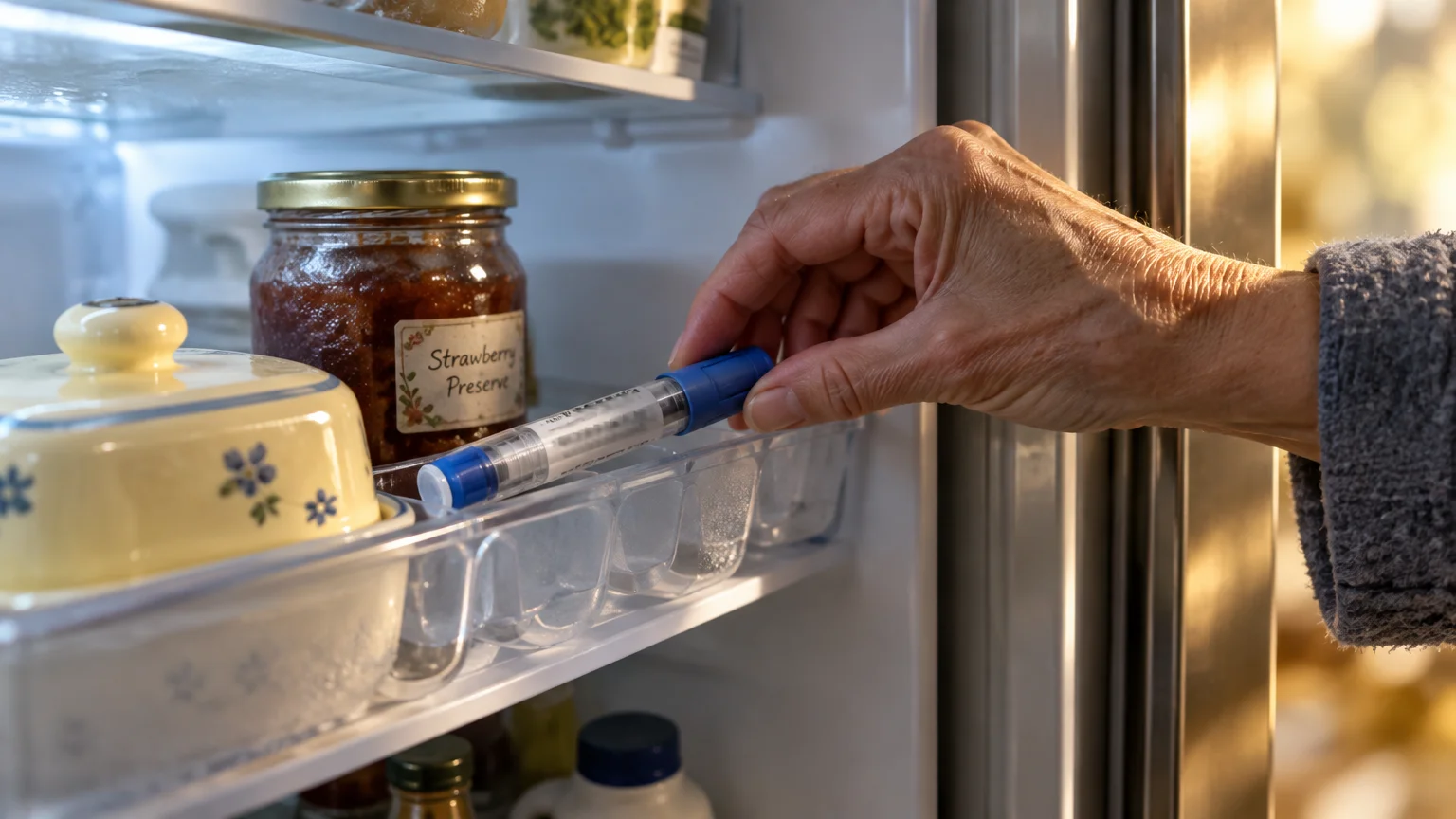 A hand reaches into an open refrigerator door to pick up an insulin pen resting on an egg shelf.