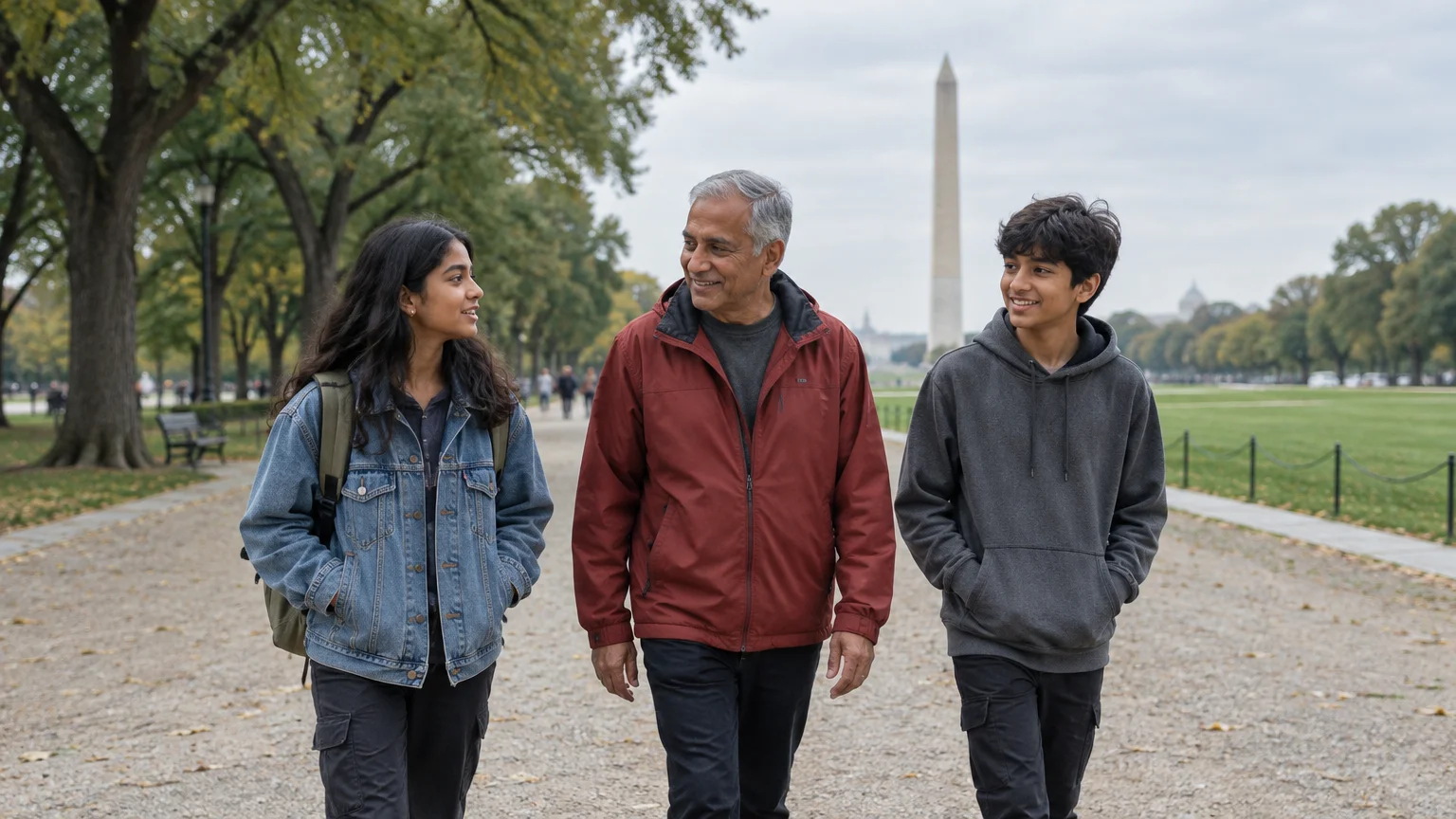 A grandfather walks along a gravel path with two teenage grandchildren, with the Washington Monument in the background.